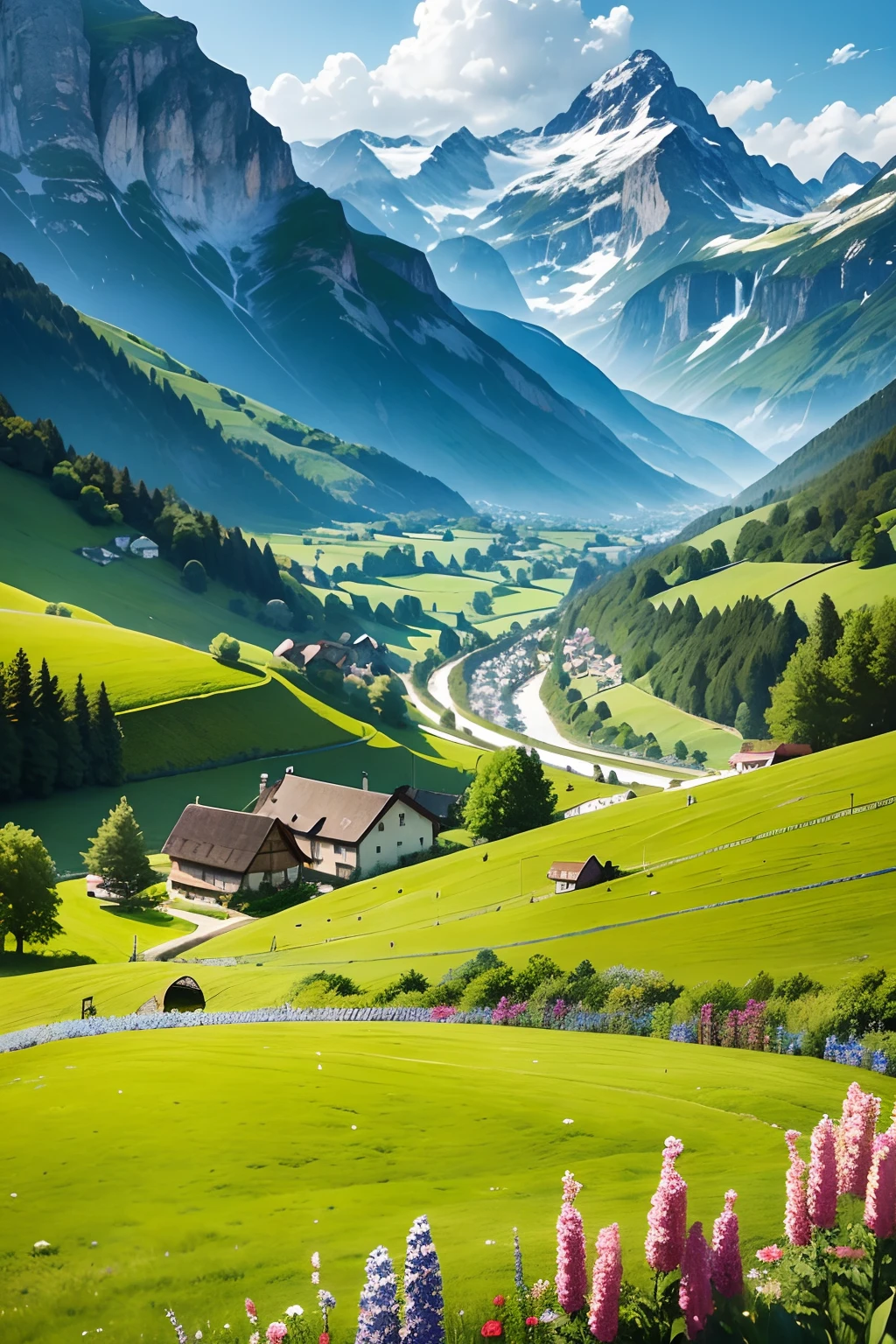 Peaceful and idyllic countryside, Rolling green hills dotted with grazing sheep, Charming villa，vivid flowers々Surrounded by, Clear blue sky overhead, Evokes a sense of peace and simplicity, Beautiful valley, Switzerland, Green Field Patch, lush countryside, lush valley,The idyllic village of Milan,，Lush green fields，Village top，Rolling Terrace，Colorful garden of flowers and plants，Alpine landscape of Swiss countryside under the Alps，Carl Sessel Bern，Majestic nature, swiss architecture, beautful view, rivers，falls