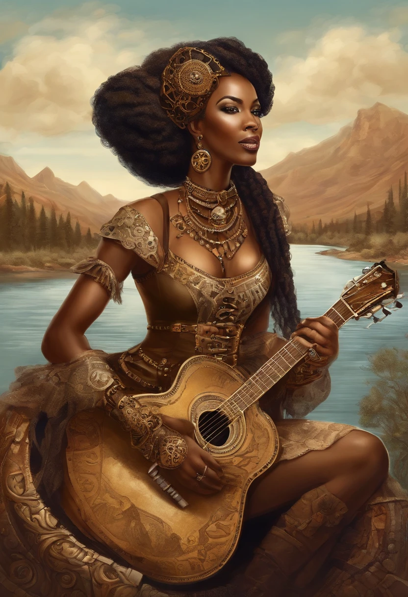 mulher negra angolana, Playing guitar on the edge of a river with the mountains in the background