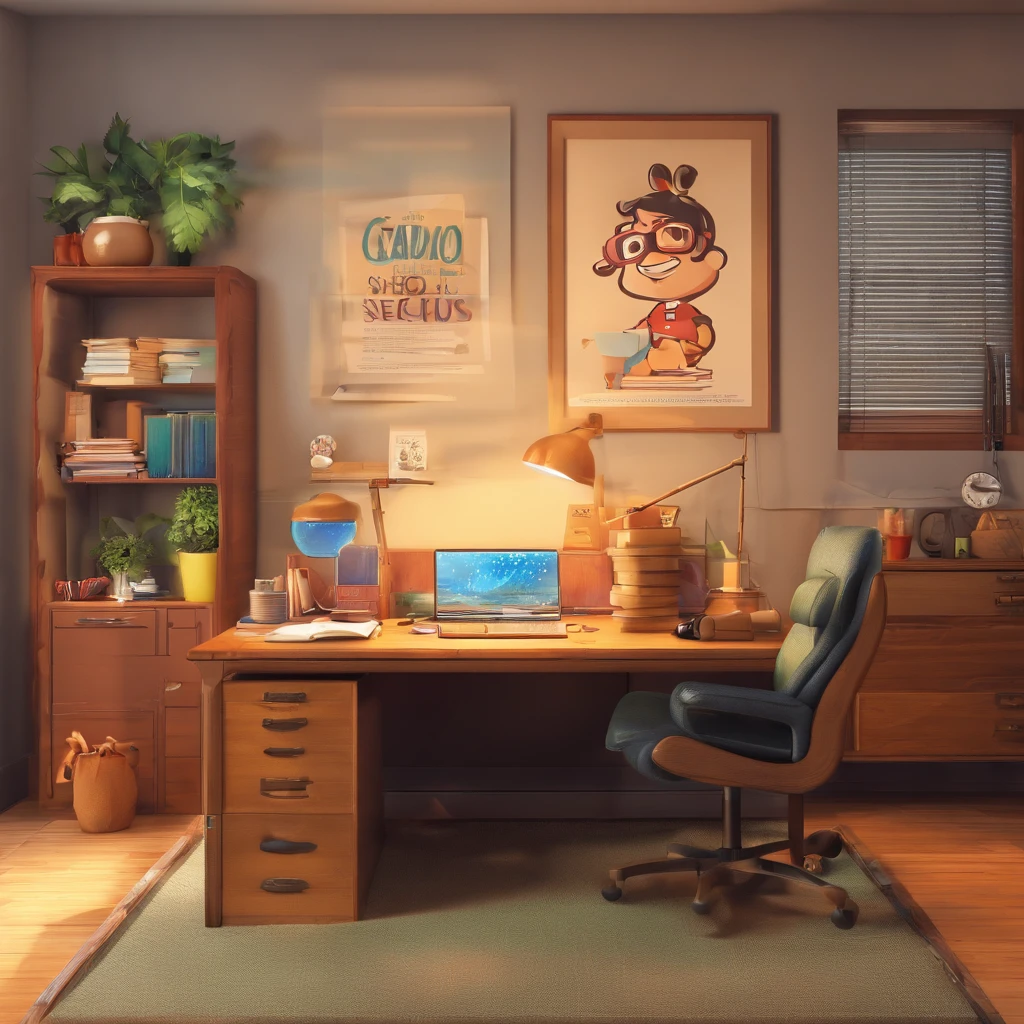 Crie um cartaz inspirado na Disney Pixar com o personagem sendo um advogado, com terno e gravata, homem, adulto, wearing goggles, pele morena, magro, cabelos cortado, In an office with law books on the desk and papers