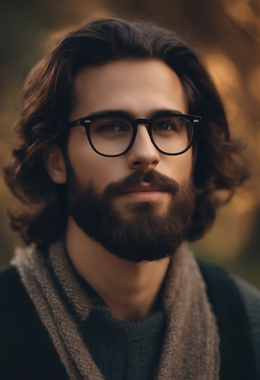 Crie a imagem de um homem, modelo Disney/pixar, com 23 anos, com barba e cabelo preto cortado estilo social, who wears glasses and is slender, o rosto tende a ser um pouco redondo