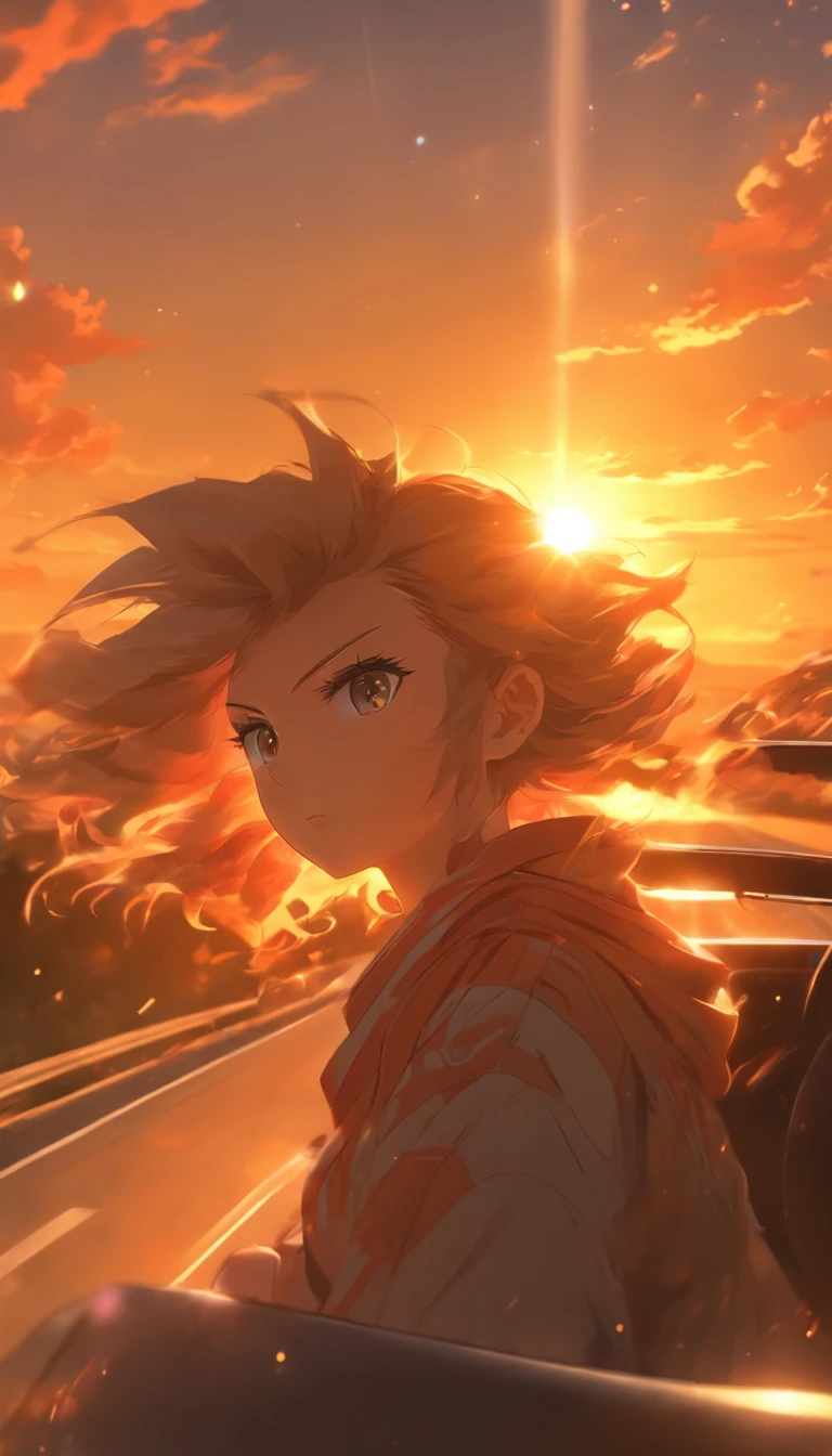 A woman driving . Sad expression. Profile. The sun is setting and the sky is tinted with beautiful colors. Fantastic sky. Clear sky. High quality down to the smallest detail. Fantastic landscapes . People far away .