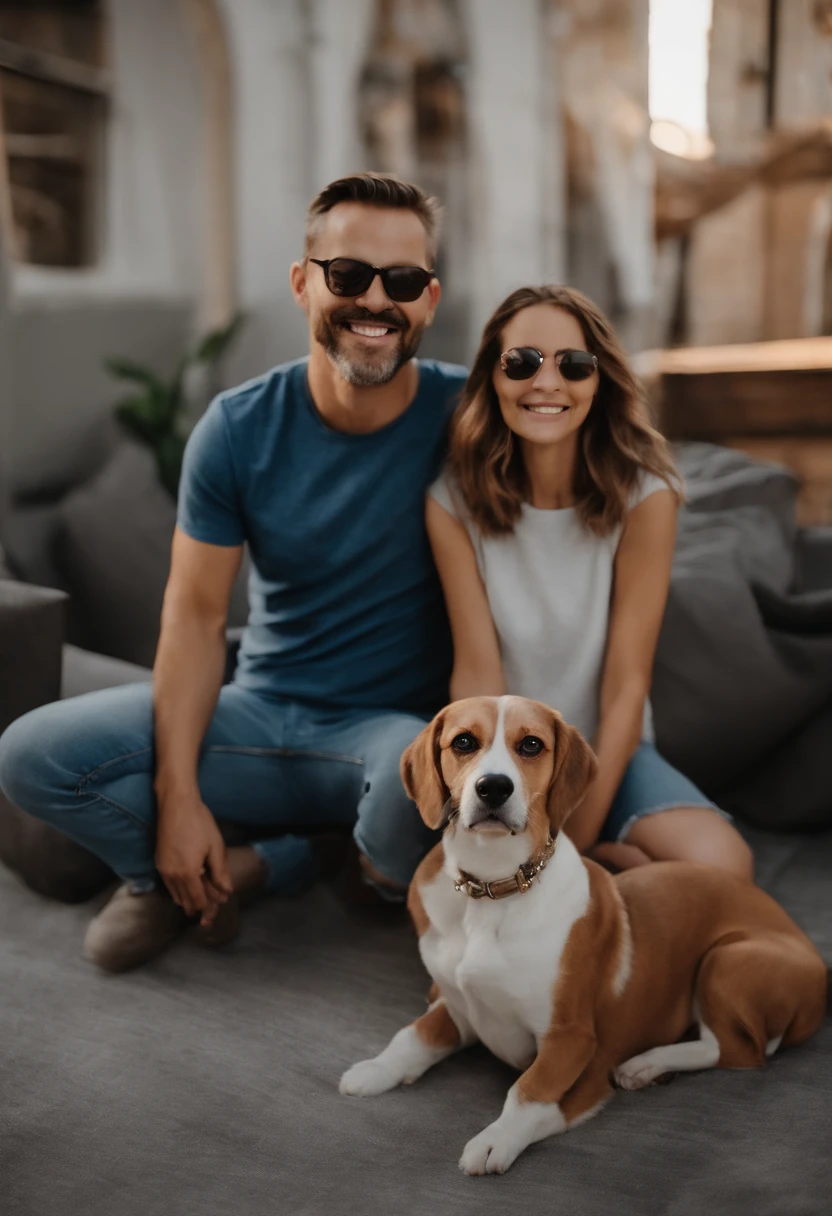 Pixar. Casal com um filhote de cachorro beagle marrom. A tem os cabelos loiros amarrados, Camiseta cinza e jeans claro, white glasses. O meninobelos pretos com cabelos grisalhos, barba pequena, oculos, Dark blue jeans and gray t-shirt. They are both smiling and are 40 years old
