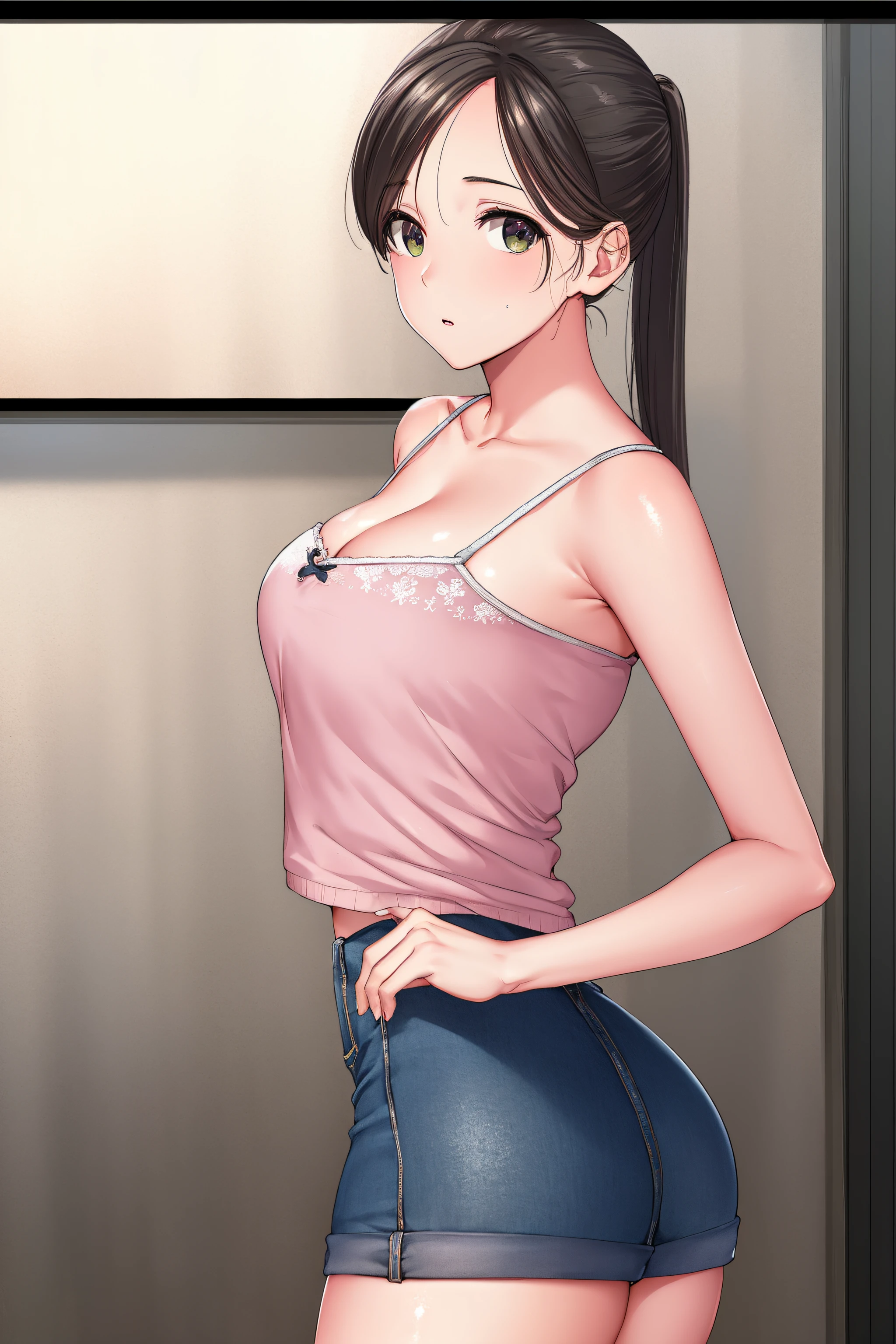 akaneyoshizawa, akane yoshizawa, black hair, ponytail, (green eyes:1.5), swept bangs, long hair,
BREAK wearing (pink bra), cardigan, short shorts,
BREAK indoors, classroom,
BREAK looking at viewer, (cowboy shot:1.5),standing, leaning forward, arms behind back
BREAK (masterpiece:1.2), best quality, high resolution,NSFW ,unity 8k wallpaper, (illustration:0.8), (beautiful detailed eyes:1.6), extremely detailed face, perfect lighting, extremely detailed CG, (perfect hands, perfect anatomy),