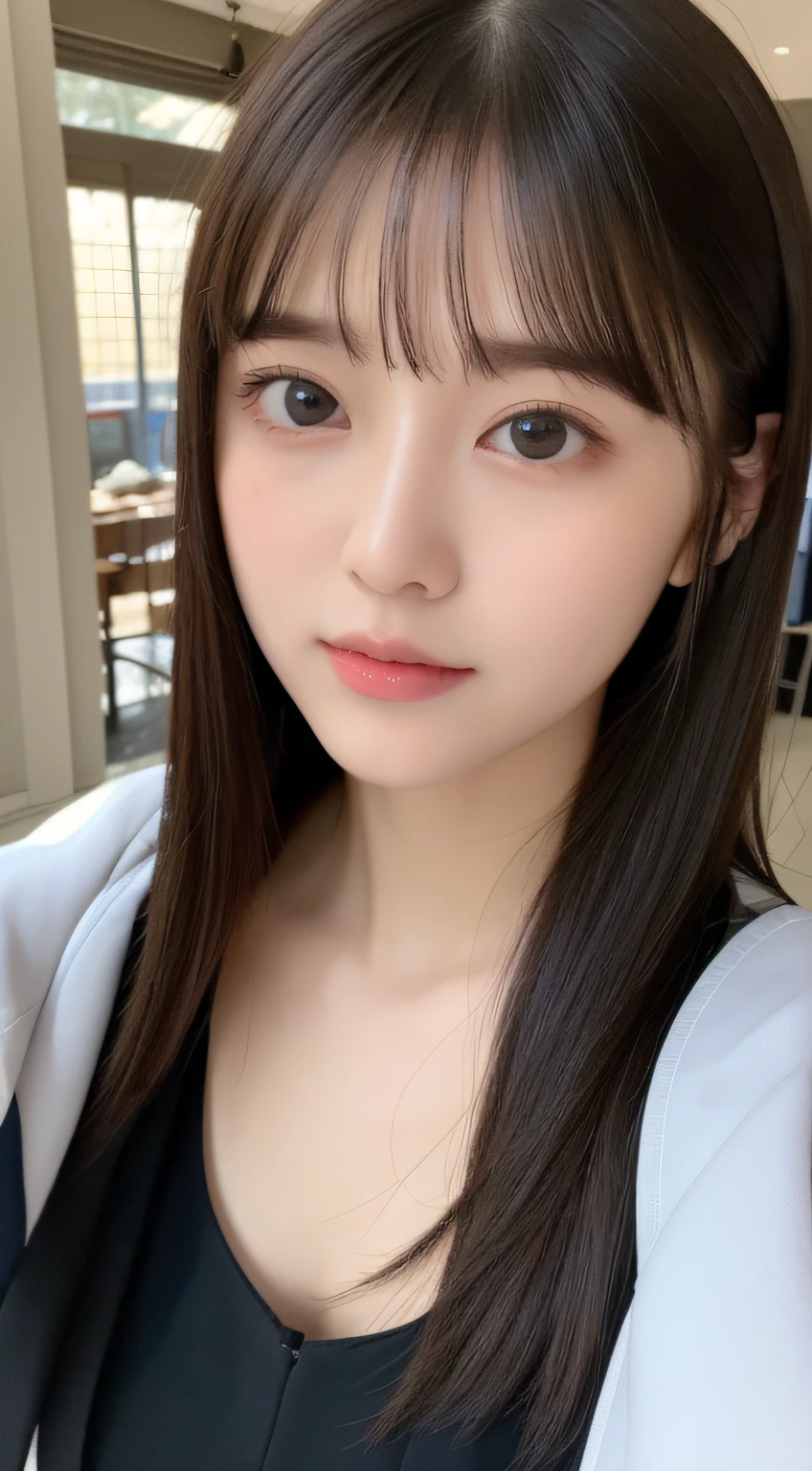 ((top-quality、8K、​masterpiece:1.5))、One girl、(Unhealthy face)、(Letter to)、Blunt bangs、(Lots of bangs:1.3)、(full body Esbian:1.4)、(Symmetrical face)、hyperdetailed face、Ultra detailed mouth、A detailed eye、Detailed ears、Slim Faces、(selfee:1.3)、(off shoulders)、(Armpit)、(Looking Up)、(From  above)、(Straight long hair、Ahoge:1.3)、(Upper Eyes)、the background is blurred、(Sheer shirt:1.3)、(I can see the cleavage:1.1)、lipgloss、(Beauty Salon)、(turning off lights)、