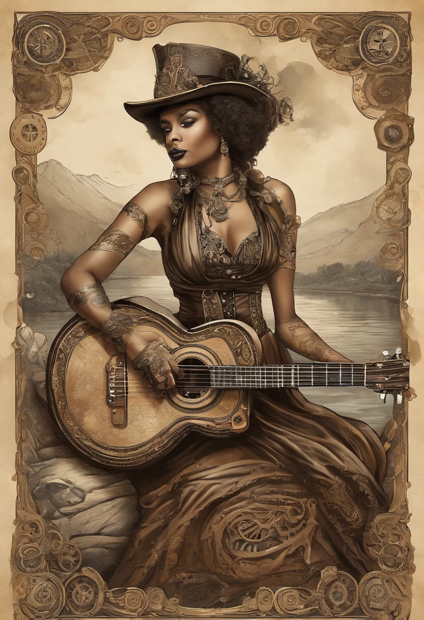mulher negra angolana, Playing guitar on the edge of a river with the mountains in the background