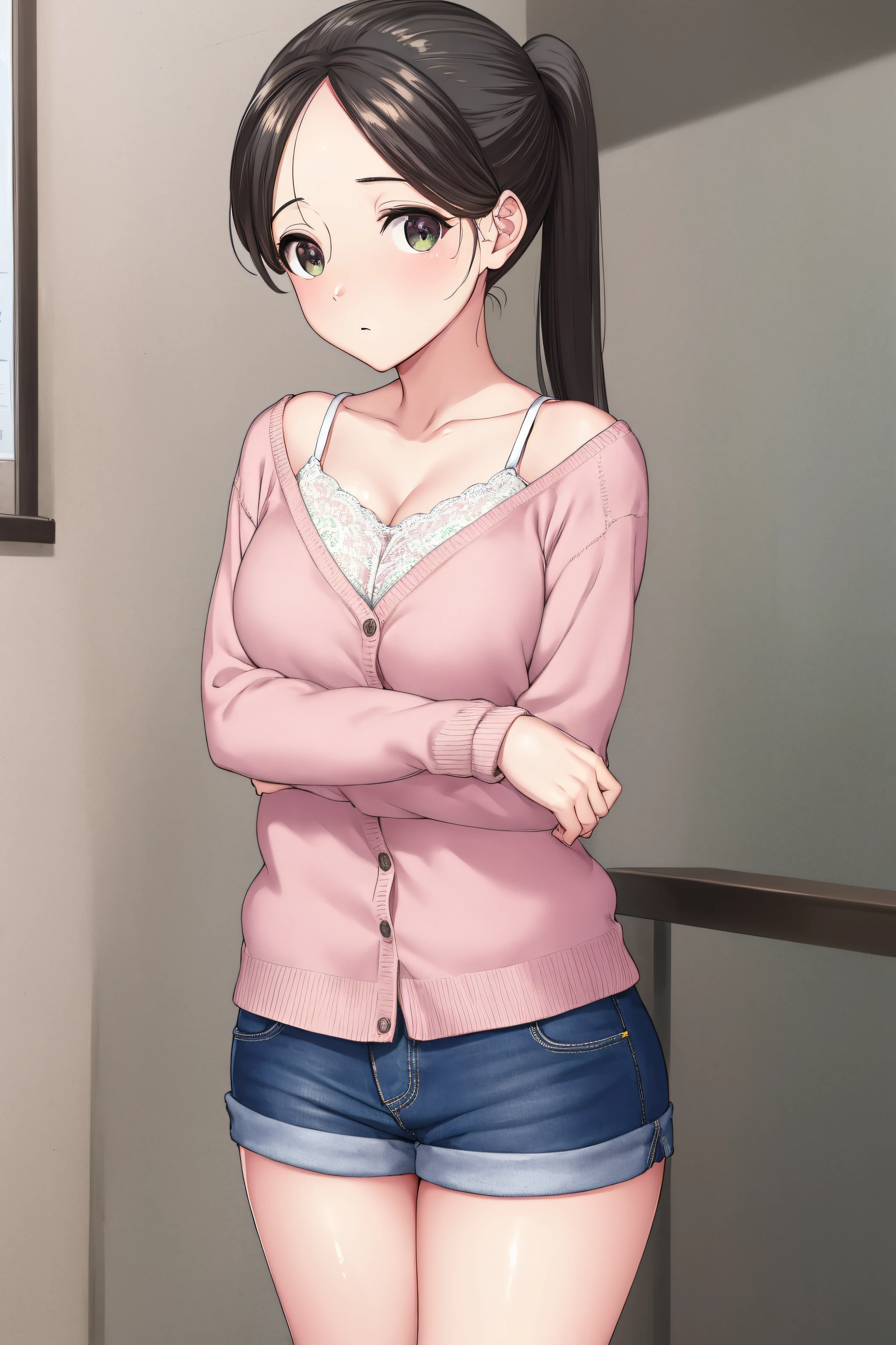 akaneyoshizawa, akane yoshizawa, black hair, ponytail, (green eyes:1.5), swept bangs, long hair,
BREAK wearing (pink bra), cardigan, short shorts,
BREAK indoors, classroom,
BREAK looking at viewer, (cowboy shot:1.5),standing, leaning forward, arms behind back
BREAK (masterpiece:1.2), best quality, high resolution,NSFW ,unity 8k wallpaper, (illustration:0.8), (beautiful detailed eyes:1.6), extremely detailed face, perfect lighting, extremely detailed CG, (perfect hands, perfect anatomy),