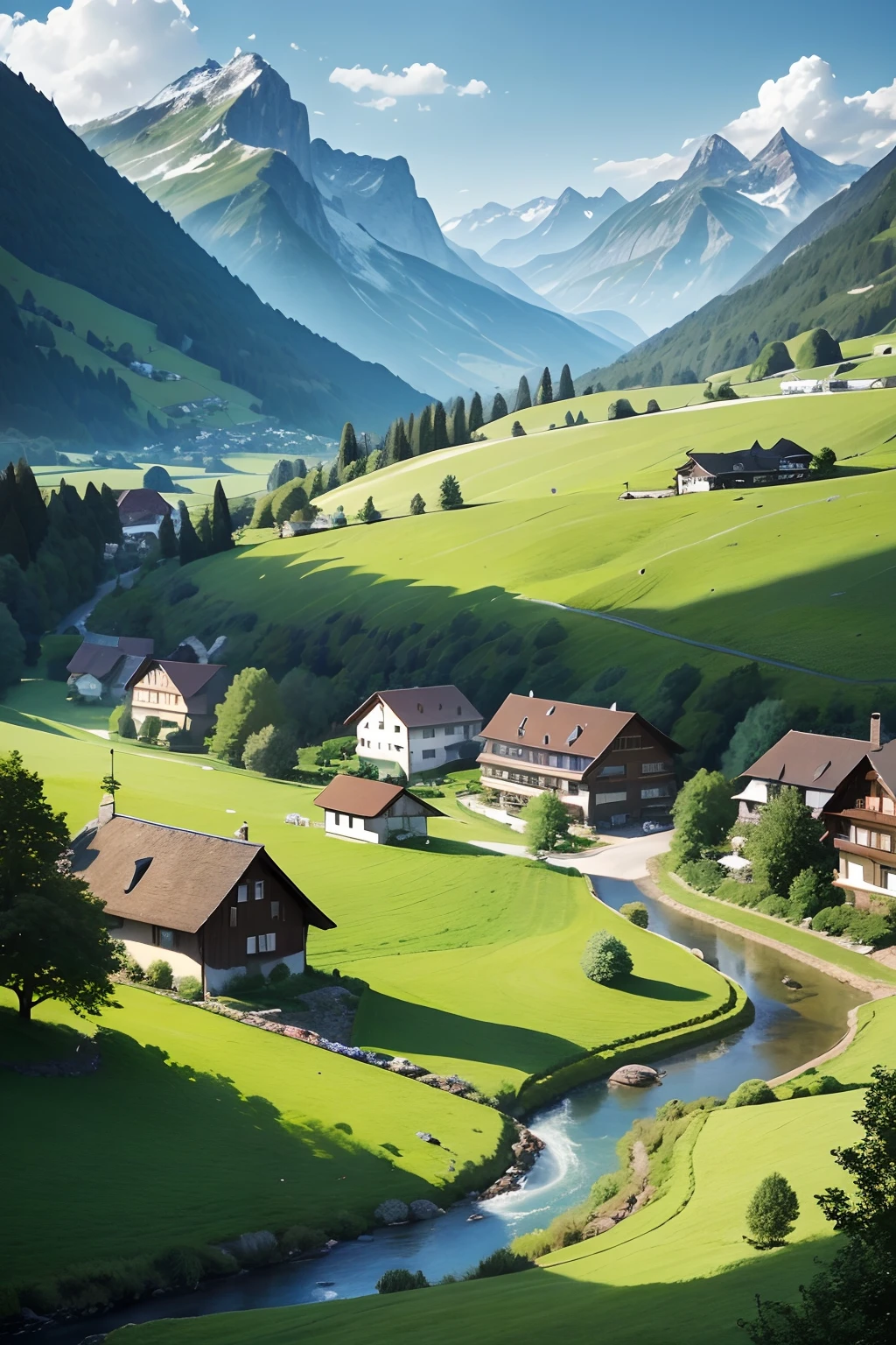 Peaceful and idyllic countryside, Rolling green hills dotted with grazing sheep, Charming villa，vivid flowers々Surrounded by, Clear blue sky overhead, Evokes a sense of peace and simplicity, Beautiful valley, Switzerland, Green Field Patch, lush countryside, lush valley,The idyllic village of Milan,，Lush green fields，Village top，Rolling Terrace，Colorful garden of flowers and plants，Alpine landscape of Swiss countryside under the Alps，Carl Sessel Bern，Majestic nature, swiss architecture, beautful view, rivers，falls