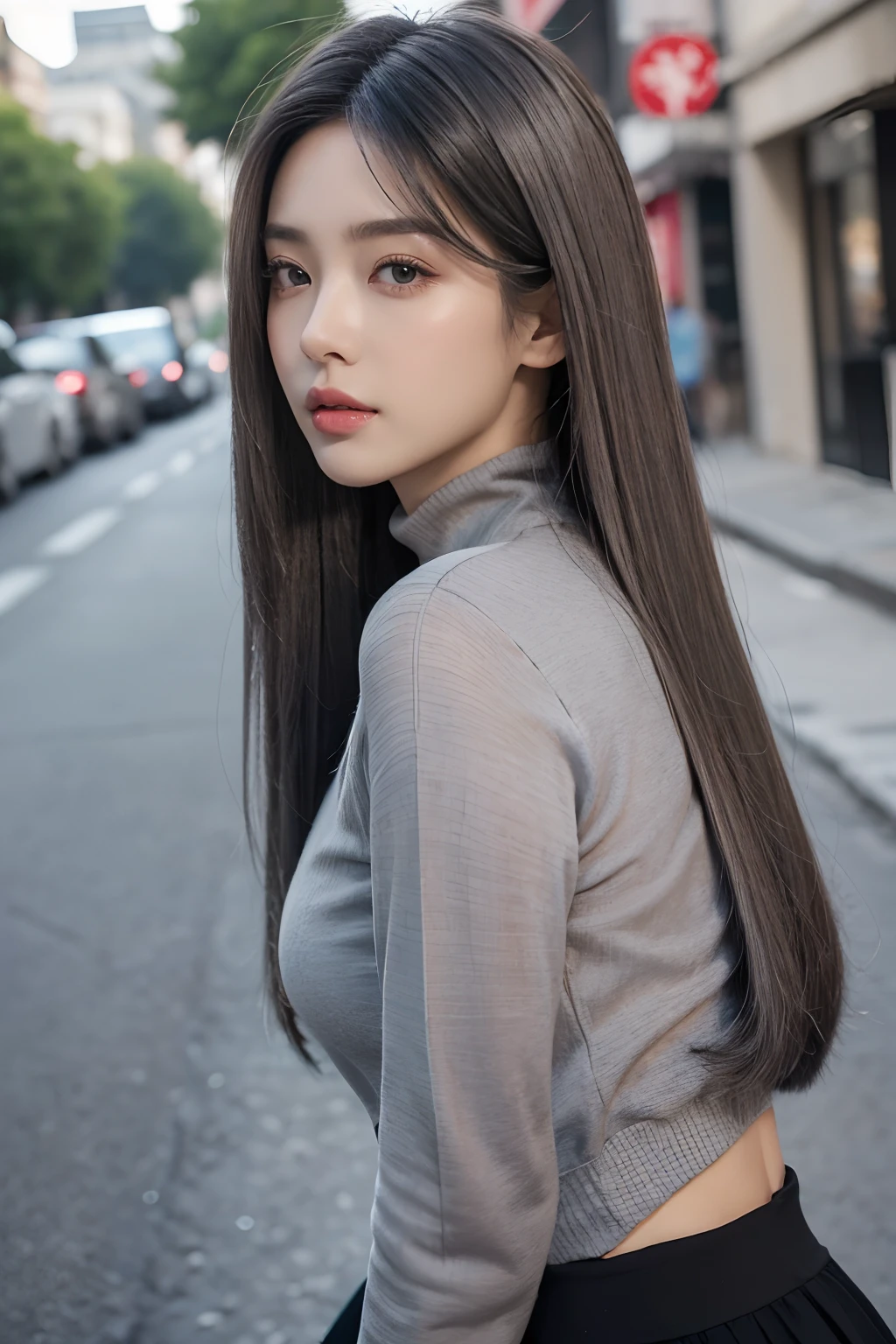 ((top-quality、in 8K、masterpiece:1.3))、foco nítido:1.2、Beautiful woman perfect body:1.4、Slim abs:1.2、((Longhaire、straight haired:1.2))、(Long sleeve high neck knit in black、tight skirts:1.1)、(Sateen、a street:1.2)、wetbody:1.5、Three-dimensional texture、A detailed eye、faded ash gray hair、Very shiny hair、posterior view、Hair quality improvement