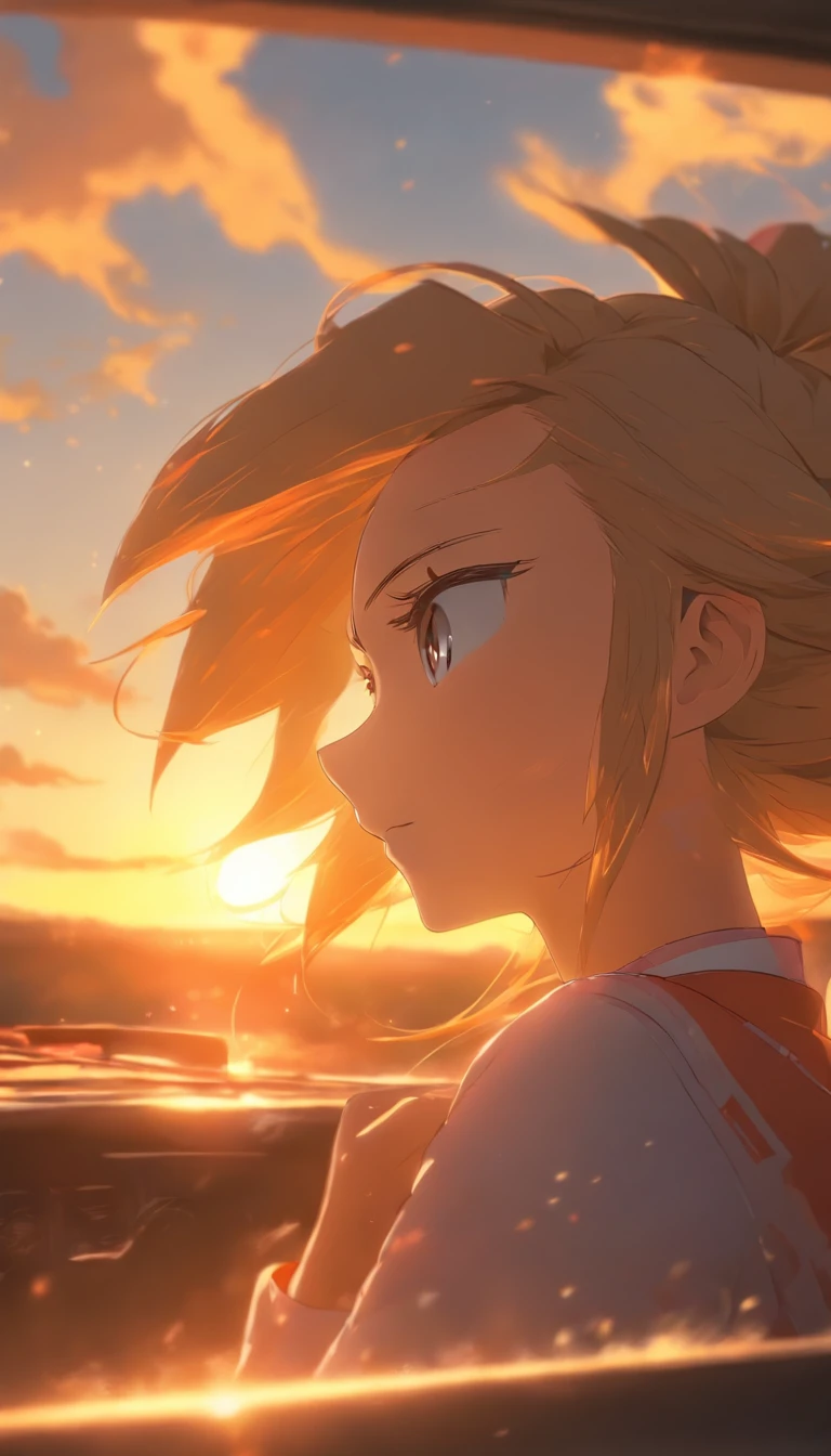 A woman driving . Sad expression. Profile. The sun is setting and the sky is tinted with beautiful colors. Fantastic sky. Clear sky. High quality down to the smallest detail. Fantastic landscapes . People far away .