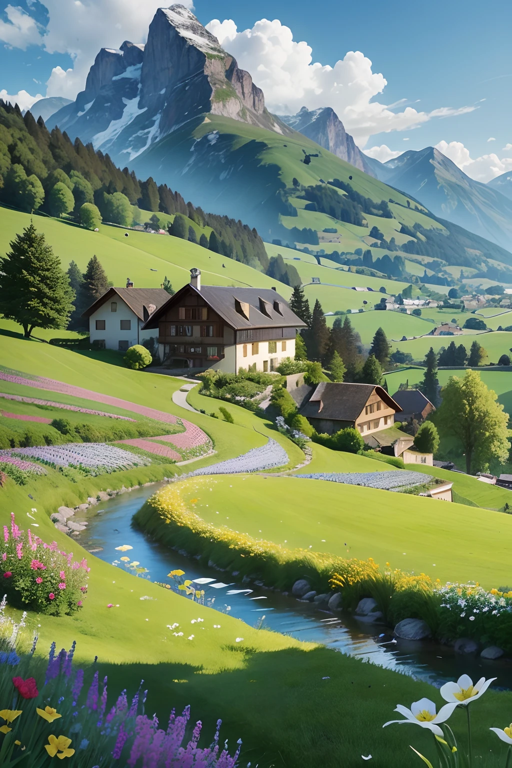 Peaceful and idyllic countryside, Rolling green hills dotted with grazing sheep, Charming villa，vivid flowers々Surrounded by, Clear blue sky overhead, Evokes a sense of peace and simplicity, Beautiful valley, Switzerland, Green Field Patch, lush countryside, lush valley,The idyllic village of Milan,，Lush green fields，Village top，Rolling Terrace，Colorful garden of flowers and plants，Alpine landscape of Swiss countryside under the Alps，Carl Sessel Bern，Majestic nature, swiss architecture, beautful view, rivers，falls