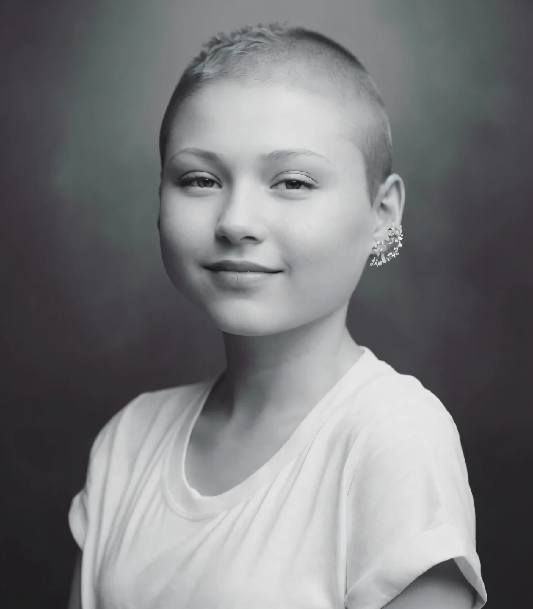 Woman with shaved head and ear piercings posing for a photo, foto da menina, Alexandra Waliszewska, 13 anos, sofya emelenko, Greta ThunBerg, Alina Ivanchenko, B&w foto, Greta ThunBerg sorrindo, B&w fotografia, retrato preto e Branco, Directed by: Anna Füssli
