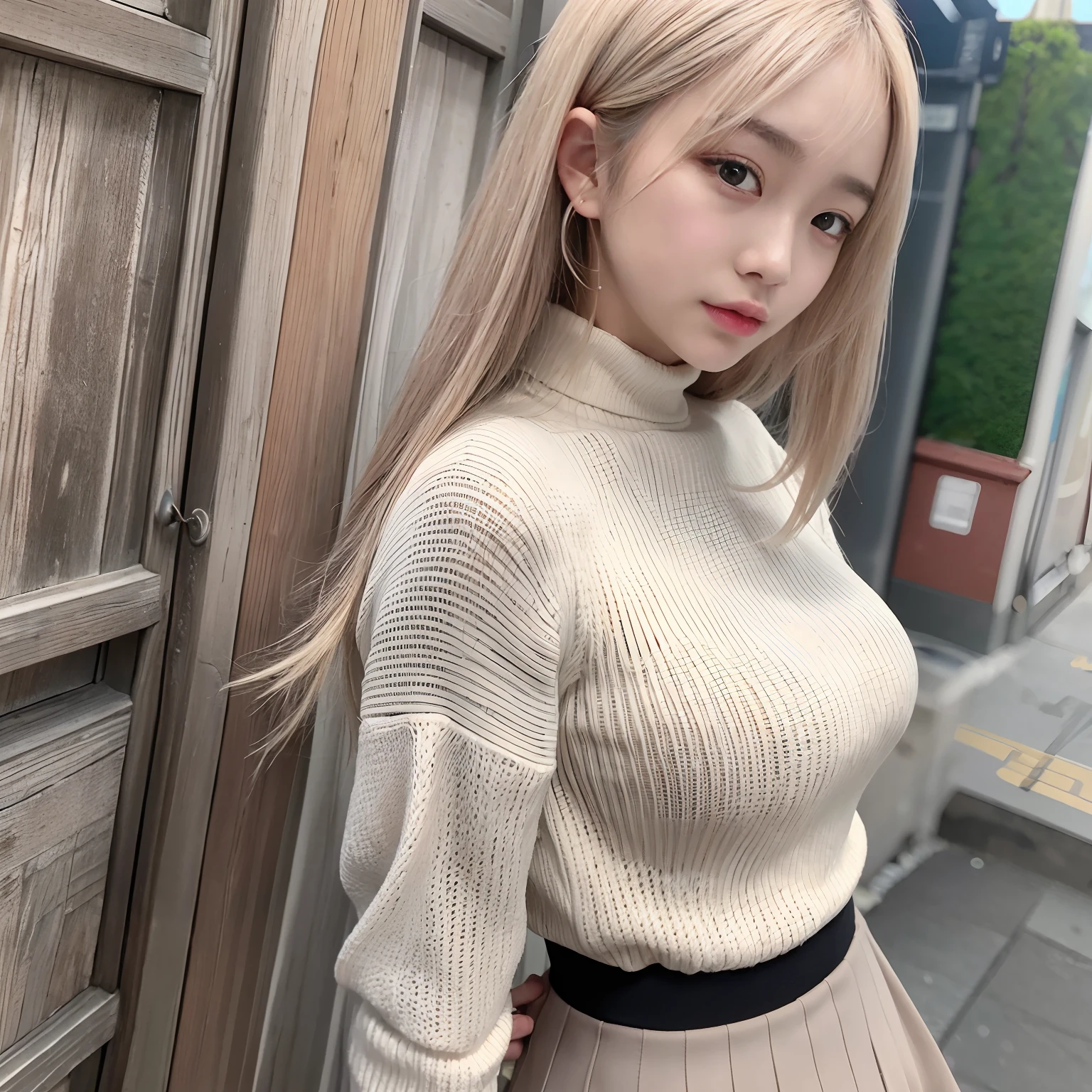 RAW photo of a girl、(masterpiece:1.1)、top-quality、超A high resolution、high detal、(Photorealsitic:1.4)、sharp、Focus、Details of face、(eyebrow piercing:1.1)、A detailed eye、A detailed face、1girl in、Long sleeve white high neck knit、Black tight skirt、(Faded beige hair:1.2)、posterior view、Wagas、takeout、a street、straight haired、Hair quality improvement