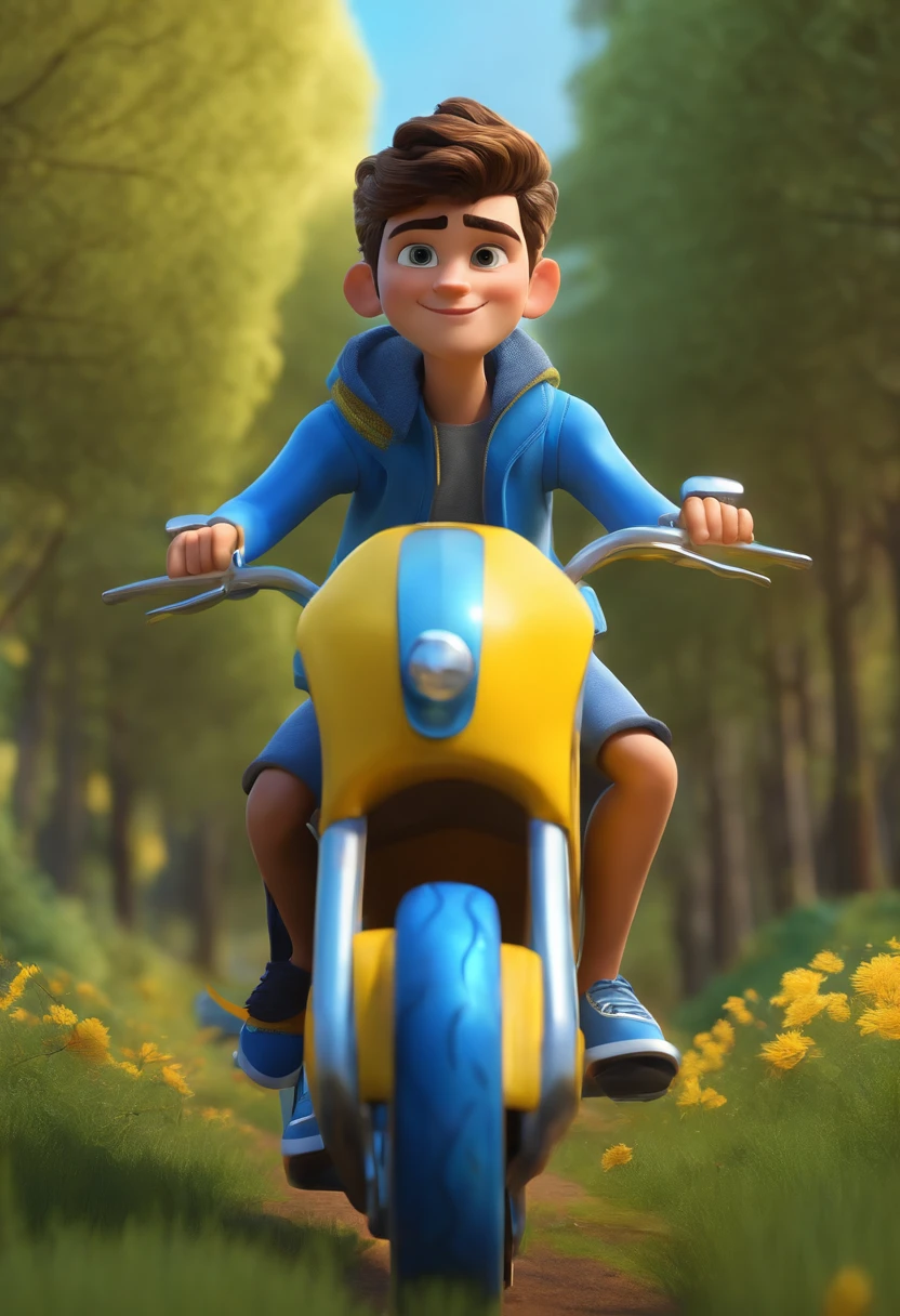 A 3D Pixar style a young man riding a blue motorcycle with a yellow and black outfit with a background of trees and a patch of grass