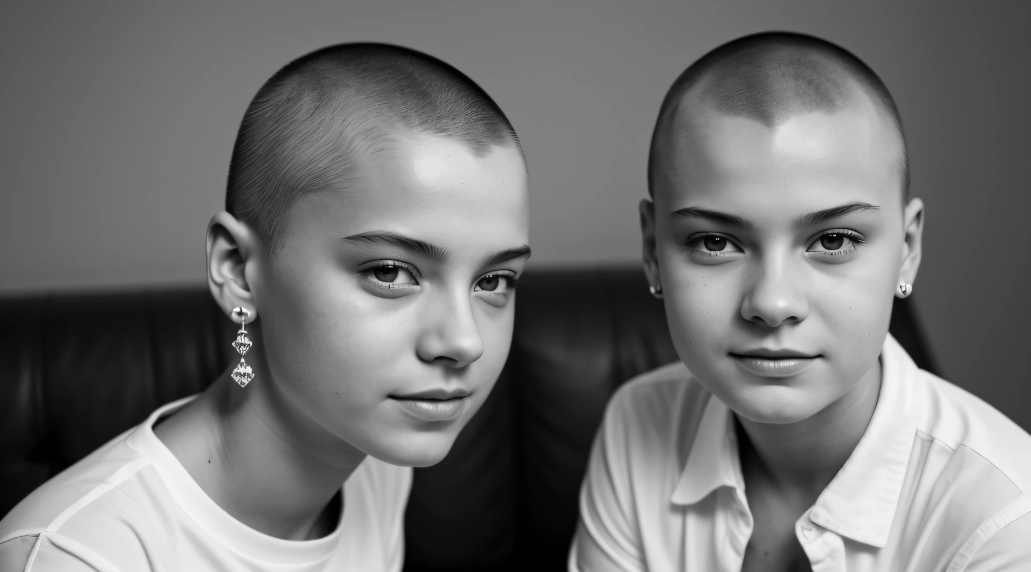 Woman with shaved head and ear piercings posing for a photo, foto da menina, Alexandra Waliszewska, 13 anos, sofya emelenko, Greta ThunBerg, Alina Ivanchenko, B&w foto, Greta ThunBerg sorrindo, B&w fotografia, retrato preto e Branco, Directed by: Anna Füssli