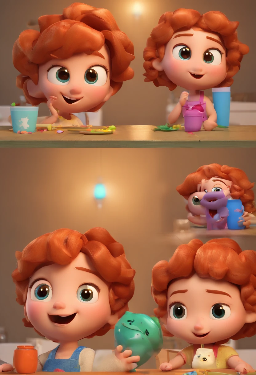 Estilo Pixar: Familia, Um pai, A mother and two girls. Uma  de 6 anos e outro de 2 anos . Uma fazenda com vacas lindas e marrom .