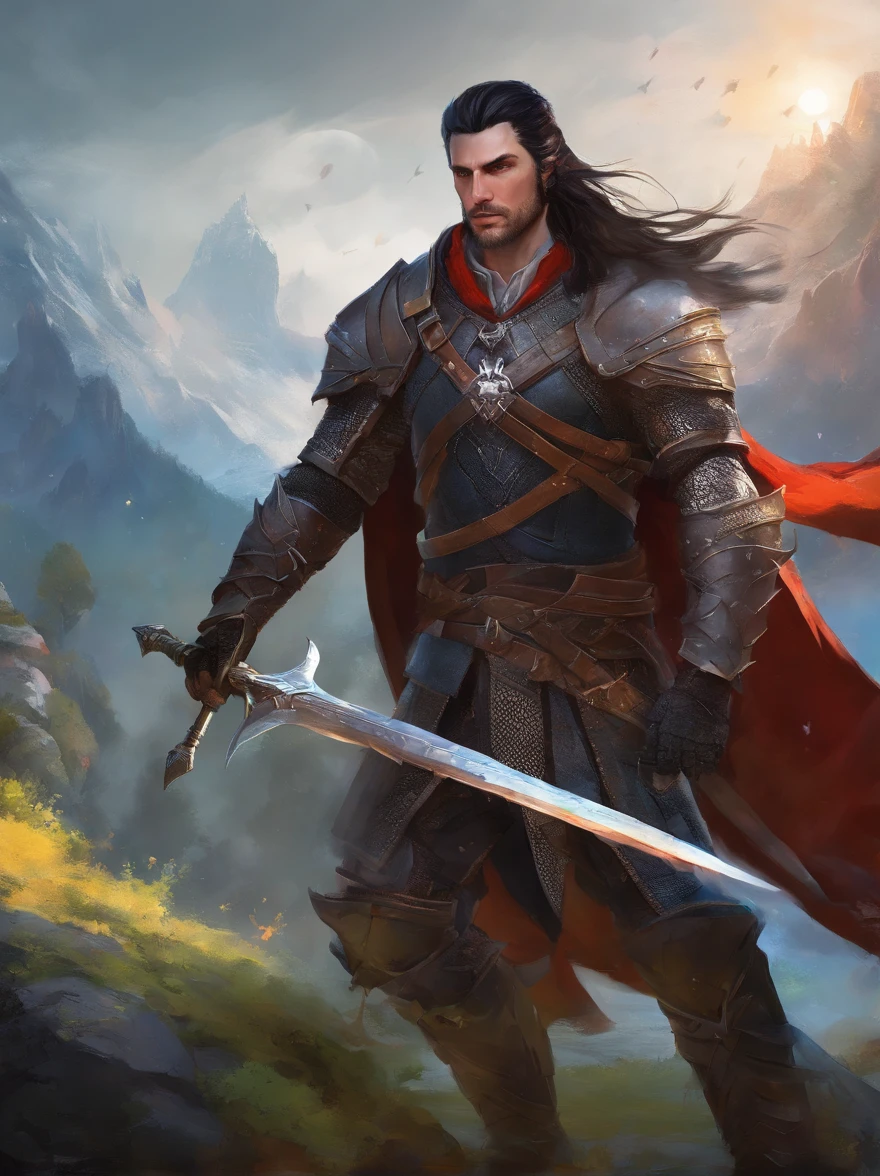 (highres,photorealistic),short black hair with gradient,face with masculine features,elf in a heavy paladin armor with battle-worn details,carrying a great sword,emitting a divine aura,standing in a mystical forest,under the soft glow of moonlight,portraying a sense of strength and determination. heheavy armor look like a the witcher 3 armor of wild hunt