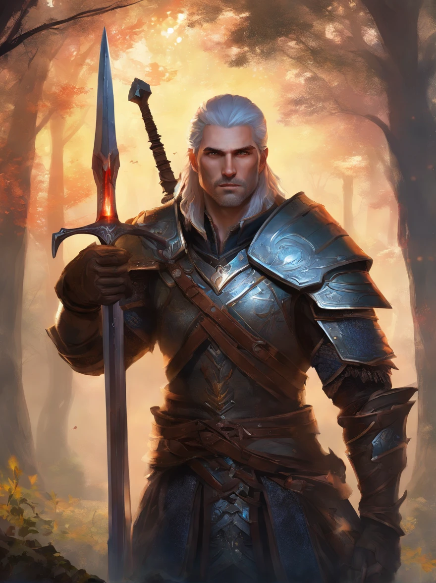(highres,photorealistic),short black hair with gradient,face with masculine features,elf in a heavy paladin armor with battle-worn details,carrying a great sword,emitting a divine aura,standing in a mystical forest,under the soft glow of moonlight,portraying a sense of strength and determination. heheavy armor look like a the witcher 3 armor of wild hunt