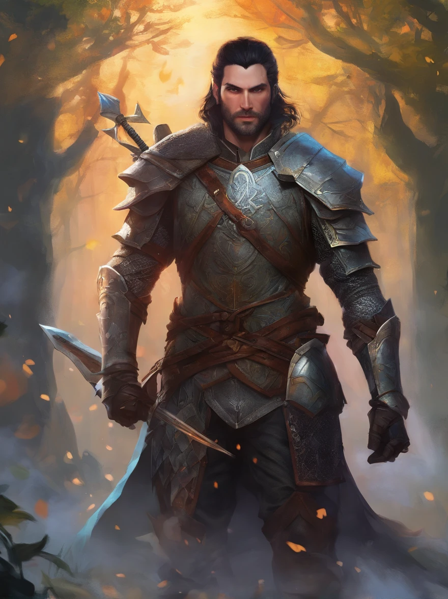 (highres,photorealistic),short black hair with gradient,face with masculine features,elf in a heavy paladin armor with battle-worn details,carrying a great sword,emitting a divine aura,standing in a mystical forest,under the soft glow of moonlight,portraying a sense of strength and determination. heheavy armor look like a the witcher 3 armor of wild hunt