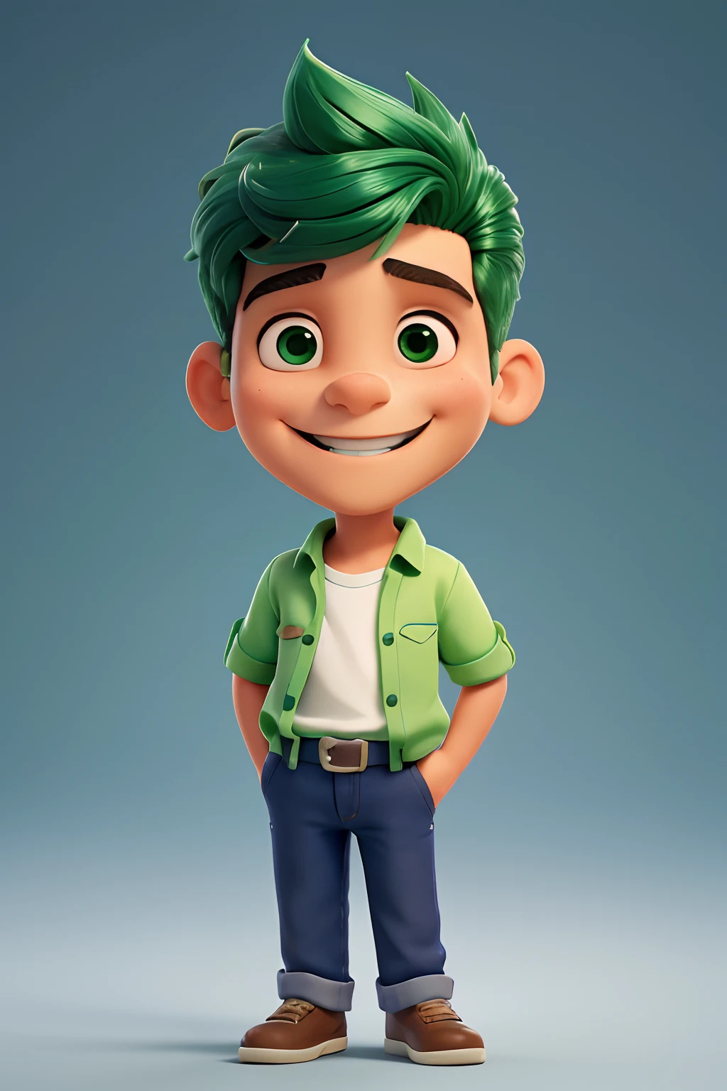 quero um desenho de um menino de 44 anos sorrindo, de cabelos pretos curtos raspado do lado e olhos verdes