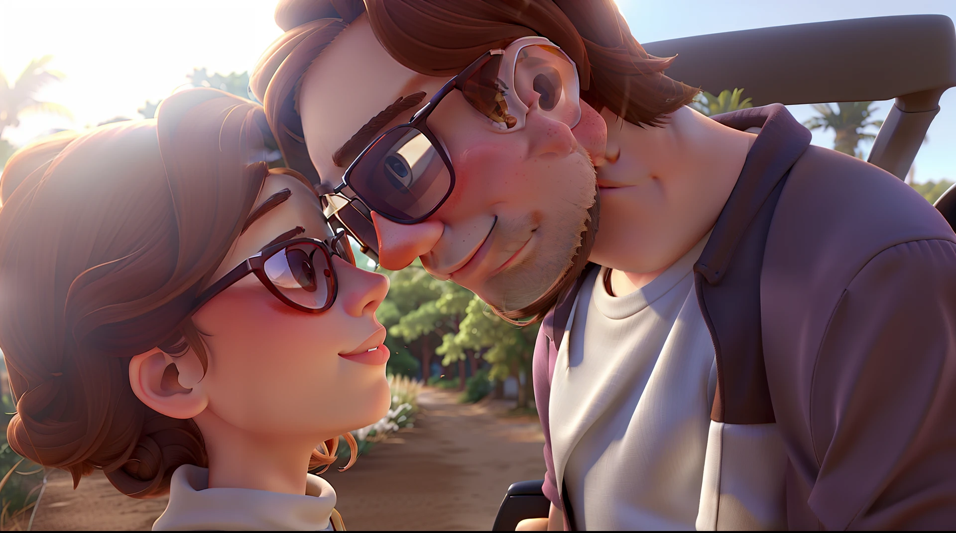 a white redhead woman with sunglasses and a brown-haired man with sunglasses, With their heads leaning against each other looking at each other, com o sol ao fundo.