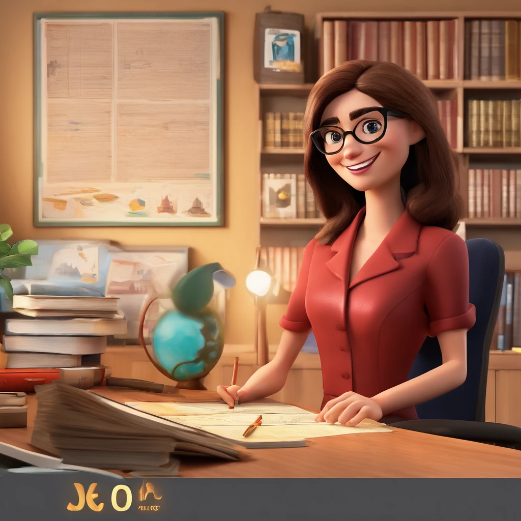 Create a Disney Pixar-inspired poster featuring the character being a brunette lawyer wearing glasses, olhos castanhos, magro, In an office with law books on the desk and papers