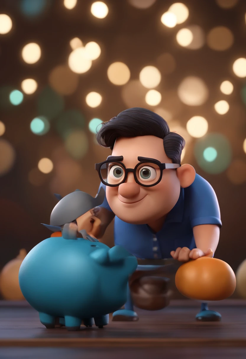 Cartoon character of a man wearing black glasses and a blue shirt, um personagem animado, Caractere estilizado, animation style rendering, 3D estilizado, Arnold Maya render, 3 d render stylized, toon render keyshot, Personagem 3D, Personagem 3D, 3d rendering stylized, 3 d character render, personagem de desenho animado, Personagem de close up, Pose de personagem, (Estilo Pixar) (master part:1.2) (Bokeh) (best quality) (pele detalhada) (textura detalhada) (8k) (argila) (Cinematic lighting) (foco nítido,Senta e vaza a parte superior do corpo