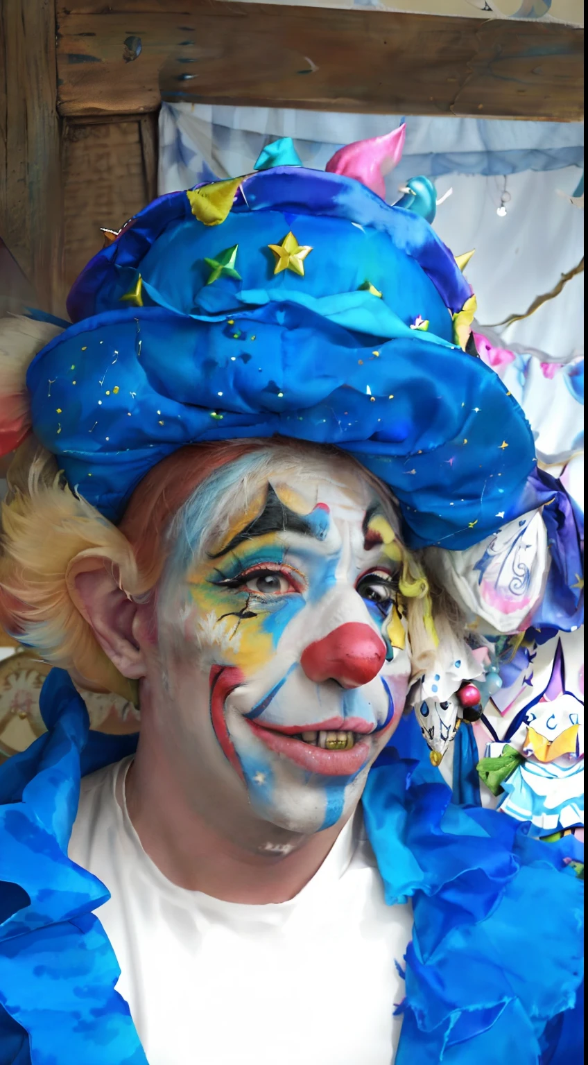Arafed man with face paint and a blue hat, Alarcon Cartunista, wearing clown makeup, wearing accurate clown makeup, clown makeup, wearing bizarre clown makeup, cutecore clown, clown makeup and rainbow wig, jester themed, Retrato do artista circense, real clown makeup, realistic clown makeup, clown face, bobo masculino, fantasy themed