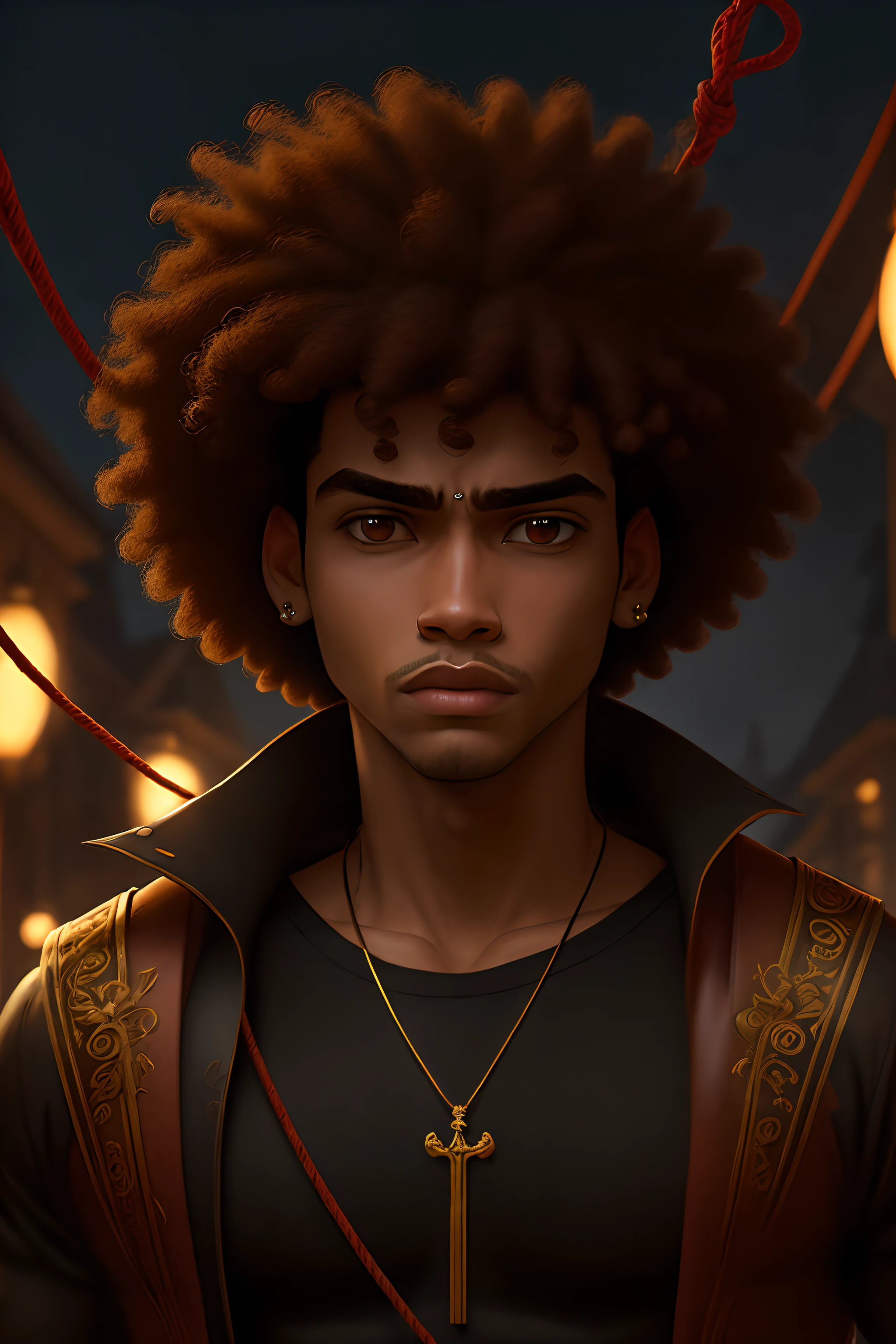 Um garoto negro, cabelo afro cacheado, regata branca, Golden Thin Cord with Cross Pendant, estilo disney pixar, alta qualidade, melhor qualidade