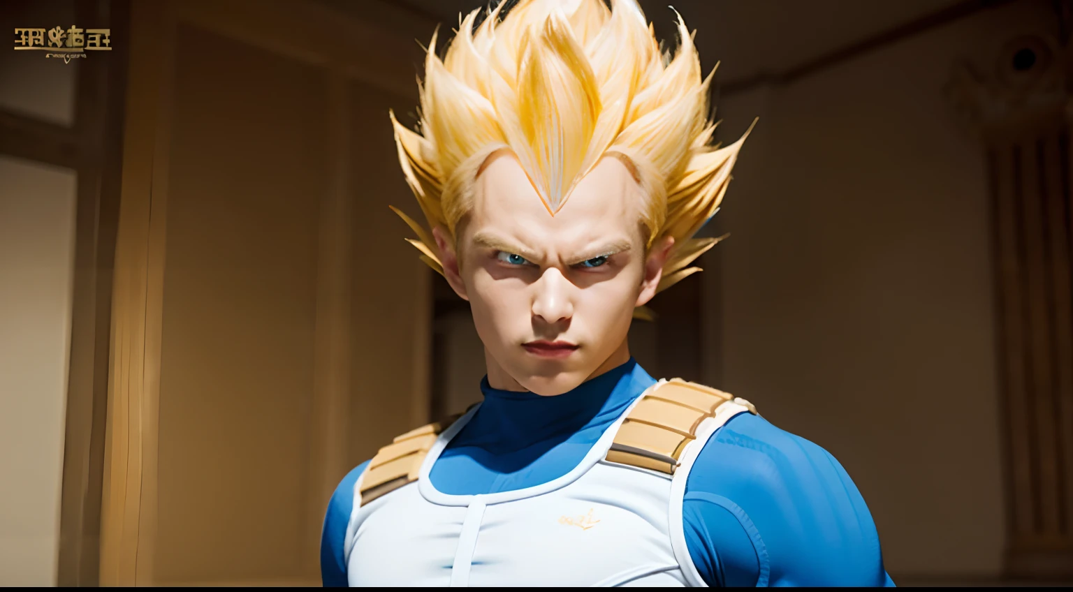 (masterpiece, best quality: 1.2), solo, male focus, 1boy, vegeta, serious, looking at the viewer, spiked blonde hair, green eyes, armor, white gloves, ultra ego, Detailed muscular body