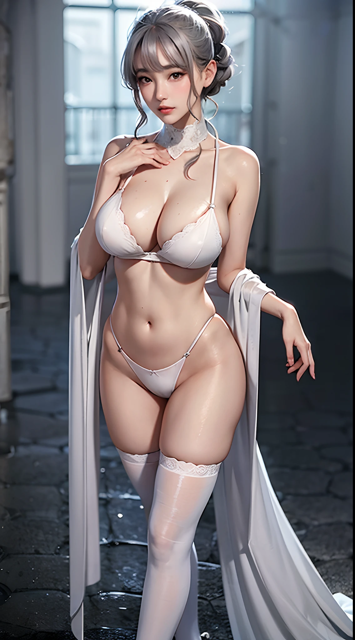 A ribbon curls silver-gray hair,The F cup is straight and the big breasts are exposed,Dressed in silver-gray silk robes,Elegant big sister,Slender legs in white stockings,a wet body,Elf-like skin appearance,the areola is visible,Extremely delicate face,Shoulders droop slightly,Chest up and back raised,perfect body figure,Rounded buttocks,Tulle transparent bra,Wet chest。