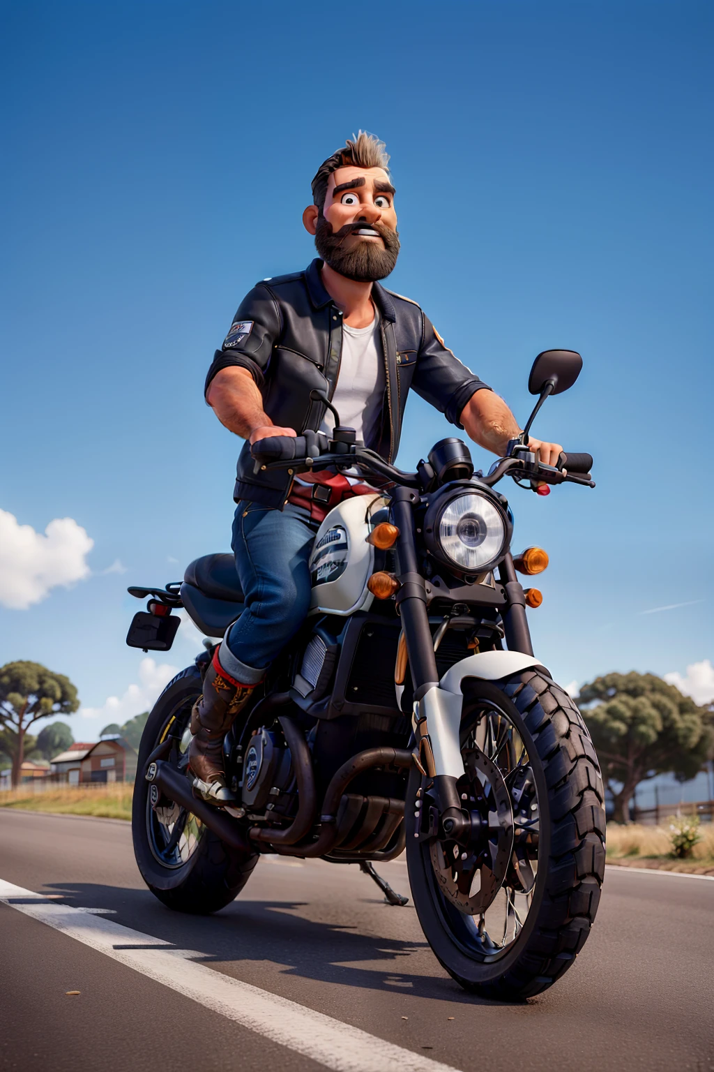 master part, best quality, um velho com barba branca e longos cabelos castanhos, vestindo uma jaqueta de couro e jeans preto, ao lado de sua motocicleta
