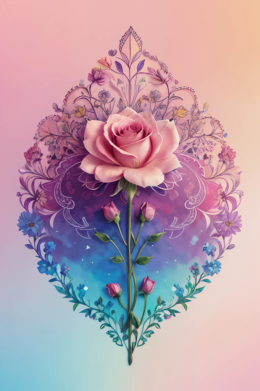 A detailed illustration of flowers, intricated details, t shirt design, seamless patterns, abstract design, rainbow colors, pastel tetradic colors, roses, variety of colorful flowers, 3D vector art, beautiful and quirky, fantasy art, light background, modern art, watercolor effect, Adobe Illustrator, hand-drawn, digital painting, low-poly, soft lighting, isometric style, modern aesthetic, focused on the character, 4K resolution, paper cut style background