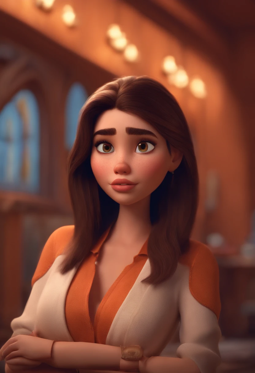 Pixar style image with 3D character medium straight brown hair medium boobs pouting