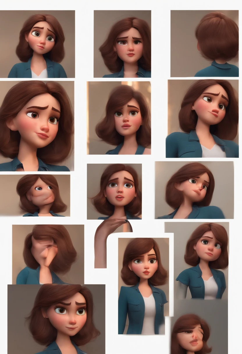 Pixar style image with 3D character medium straight brown hair medium boobs pouting