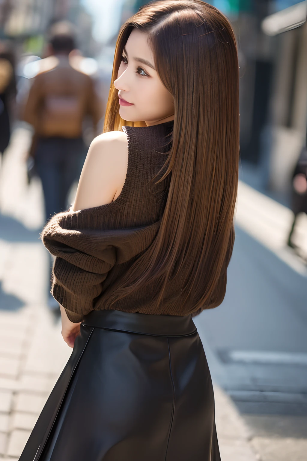 ((top-quality、in 8K、​masterpiece:1.3))、foco nítido:1.2、Beautiful woman perfect body:1.4、Slim abs:1.2、((Longhaire、straight haired:1.2))、(Black knitwear、tight skirts:1.1)、(Sateen、a street:1.2)、wetbody:1.5、Three-dimensional texture、A detailed eye、Brown hair、Very shiny hair、posterior view、Hair quality improvement