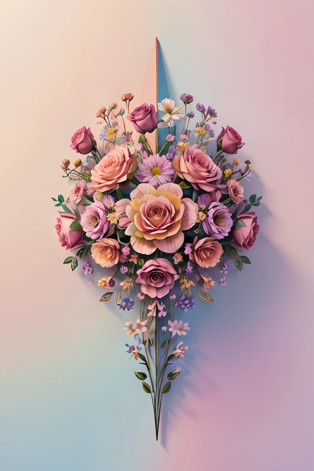 A detailed illustration of flowers, intricated details, t shirt design, seamless patterns, abstract design, rainbow colors, pastel tetradic colors, roses, variety of colorful flowers, 3D vector art, beautiful and quirky, fantasy art, light background, modern art, watercolor effect, Adobe Illustrator, hand-drawn, digital painting, low-poly, soft lighting, isometric style, modern aesthetic, focused on the character, 4K resolution, paper cut style background