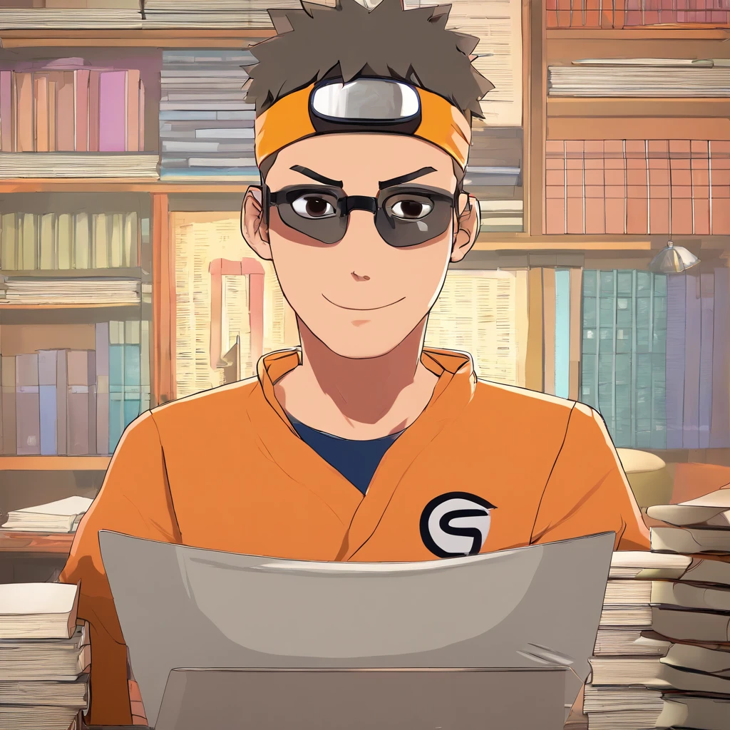 Crie um cartaz inspirado no naruto com o personagem sendo um homem, advogado, moreno, wearing goggles, olhos castanhos, magro, In an office with law books on the desk and papers