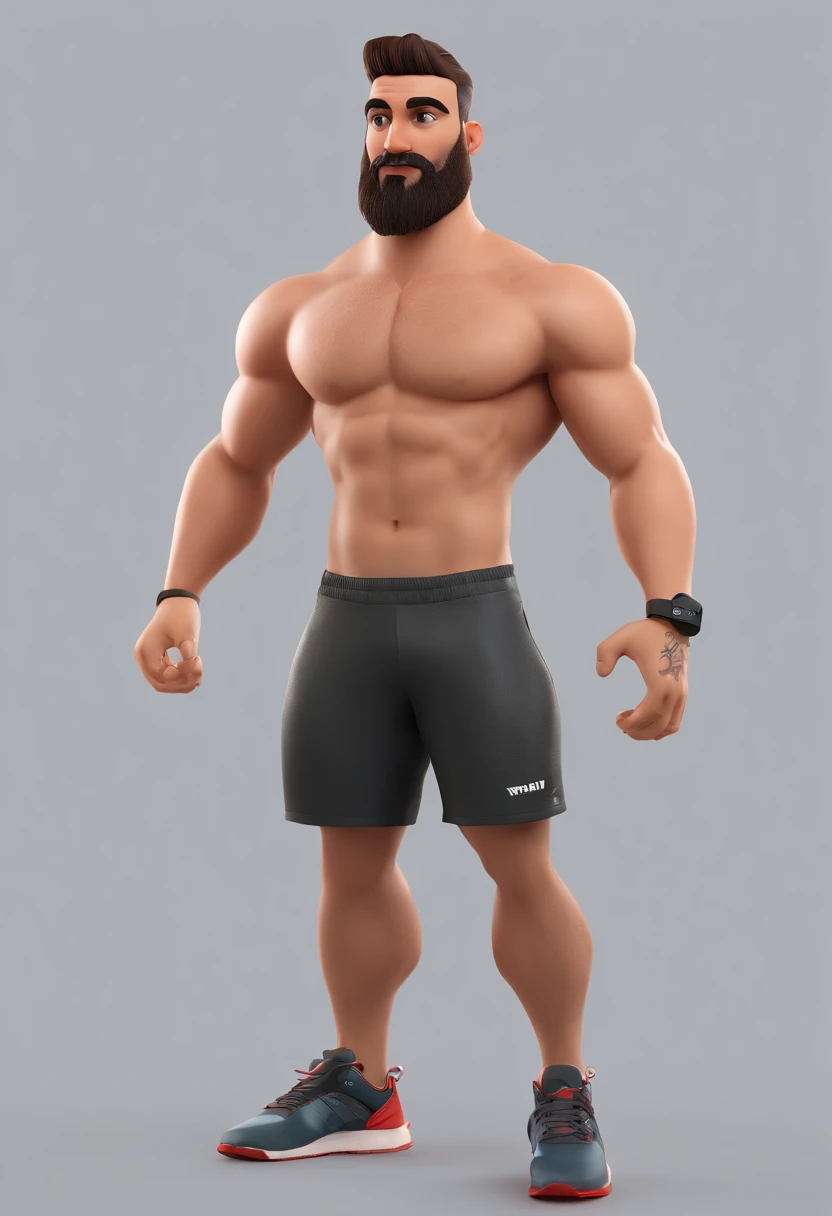 Estilo Pixar: olhos castanhos, homem de 30 s, Cabelos castanhos,Muscular and athletic body,cabelos cortados em gradiente,with medium brown beard with gradient,com brincos de diamante,Tattoo on left forearm and anchor tattoo on left calf and training in the gym.