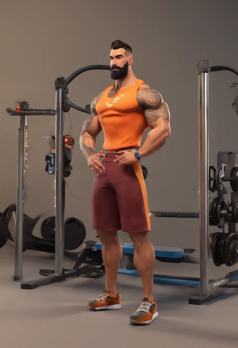 Estilo Pixar: olhos castanhos, homem de 30 anos, Cabelos castanhos,Muscular and athletic body,cabelos cortados em gradiente,with medium brown beard with gradient,com brincos de diamante,Tattoo on left forearm and anchor tattoo on left calf and training in the gym.