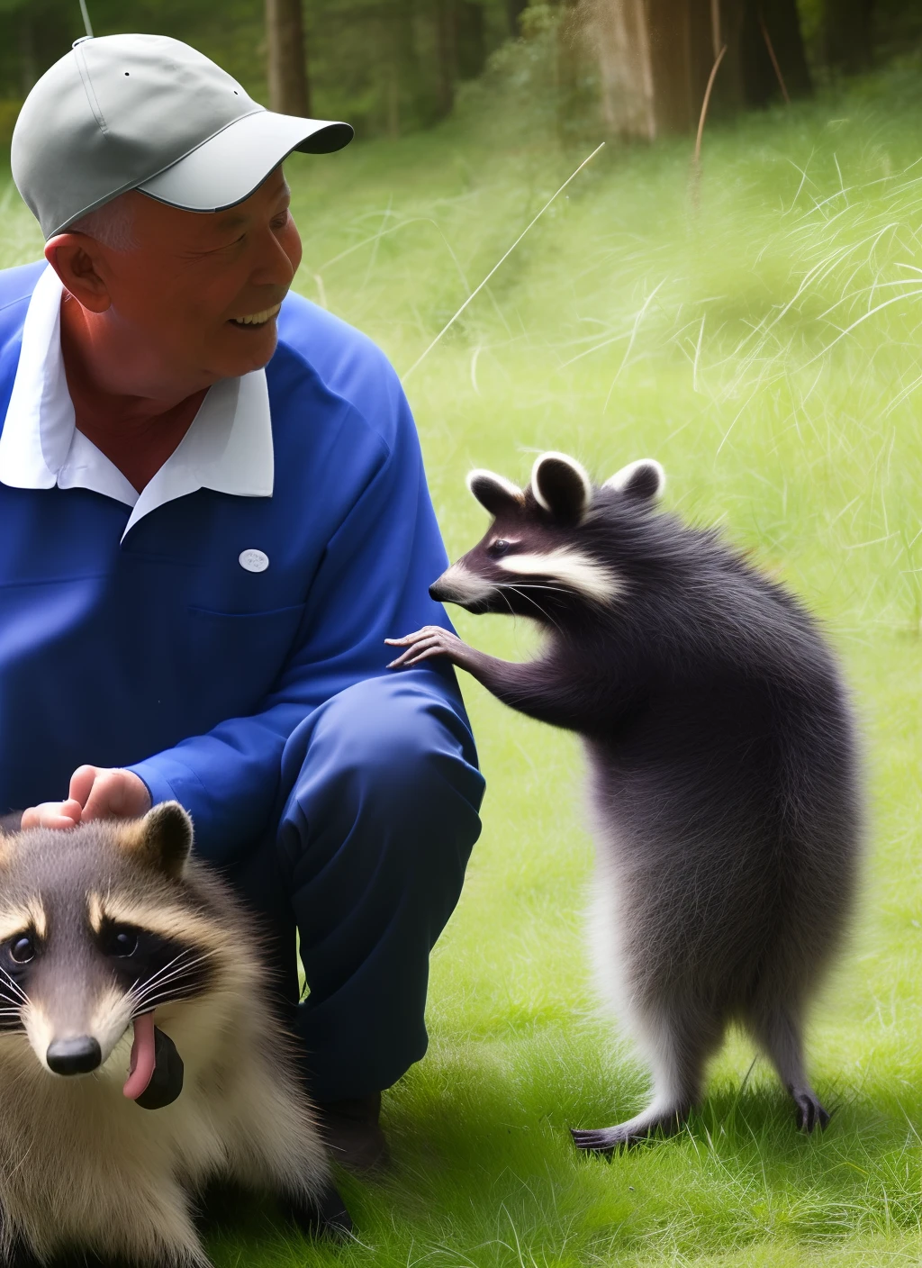 Father catching a raccoon dog