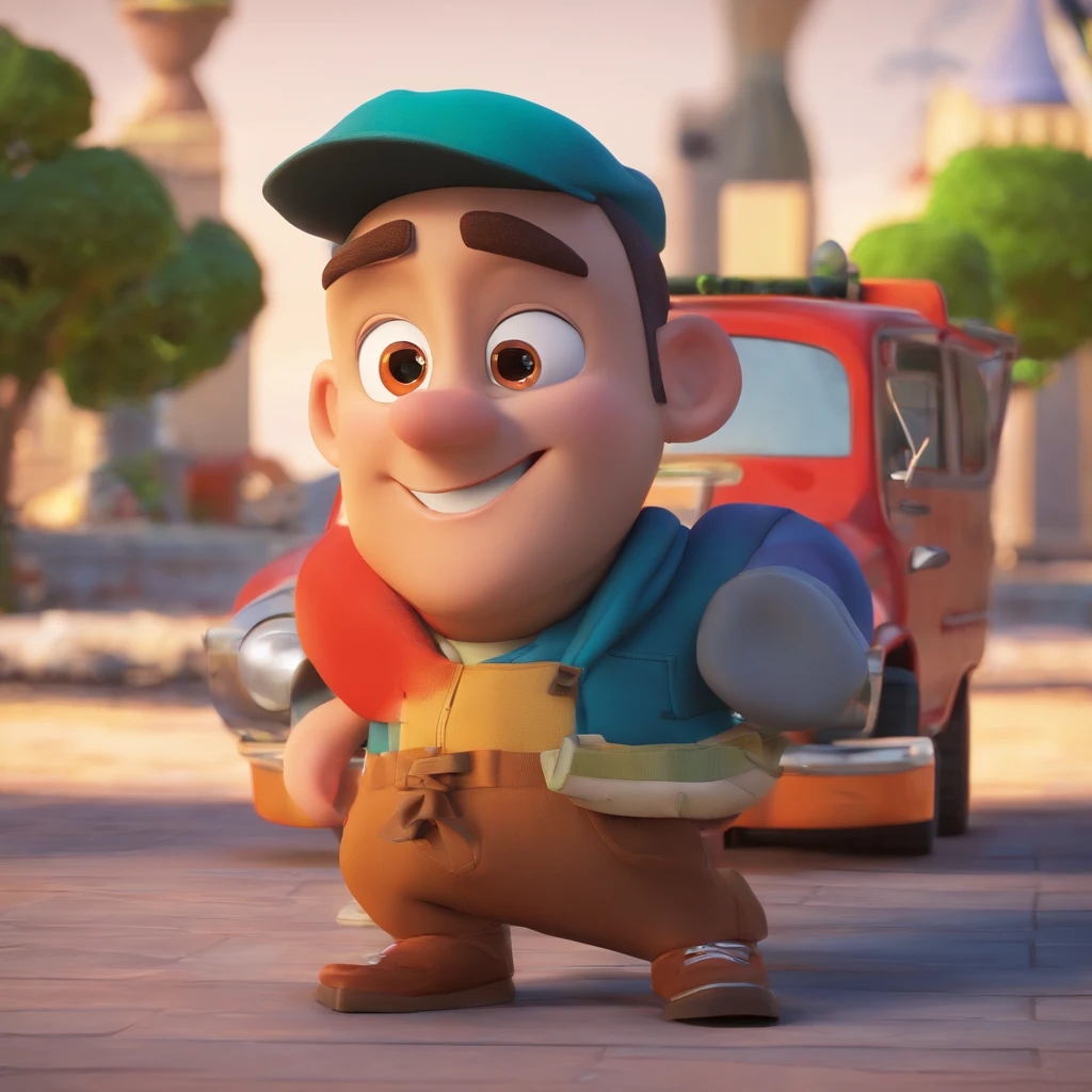 Criar um personagem no estilo Pixar. Trata-se de um homem de 40 anos, com barba, pardo, com cabelos castanhos curtos e um quiff, e olhos castanhos. He must be in front of a truck and work as a driver