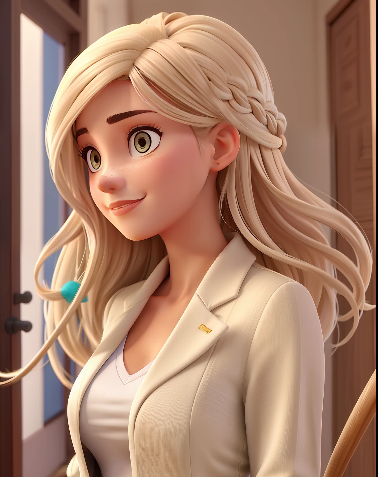 Uma mulher loira, cabelos ondulados, olhos castanhos claros, saia e blazer