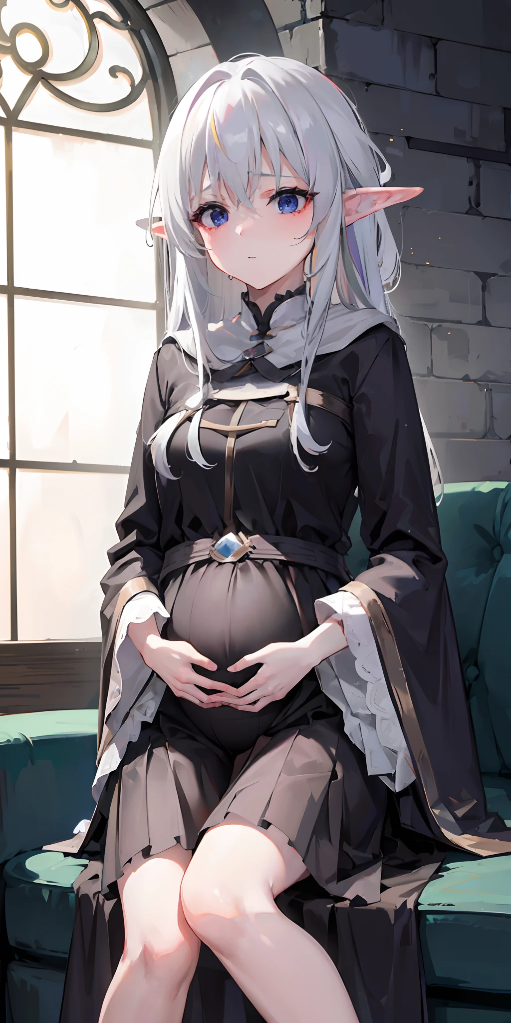 Elf, white ash hair, anime girl, black shirt, white skirt, (black cloak:1.2), pale face, sweating, heavy breath, blushing, pregnant, Pregnant belly, (best quality:1.2), ultra-detailed,realistic ,portraits, vivid colors, soft lighting, interesting PoV, (pee is white:0.7), spread kneel, Lie down on sofa, (the girl is leaked pee: 1.3), straight hair