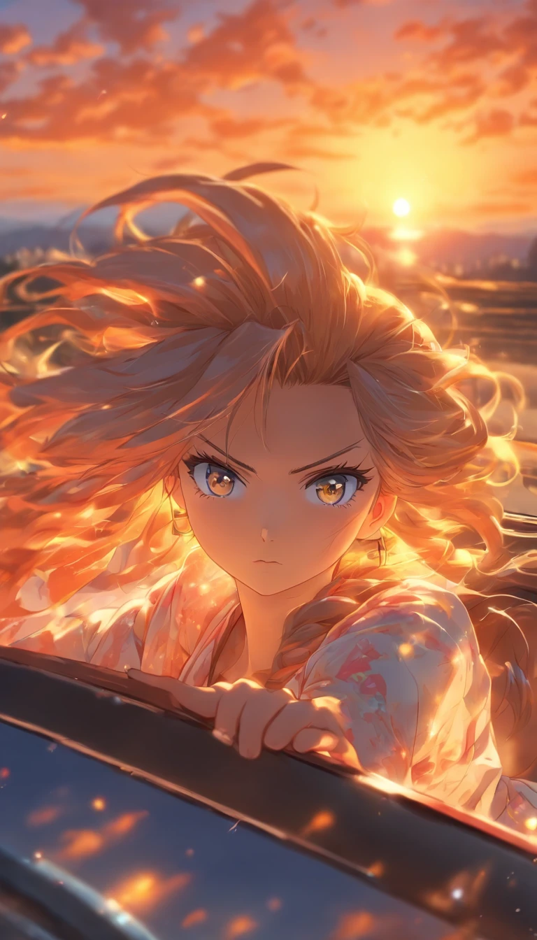 Beautiful woman driving.hair is long. A wistful look.Sunset、The sky is dyed with beautiful colors。Fantastic sky. crystal clear skies.High quality down to the smallest detail. fantastic landscape . People are far away