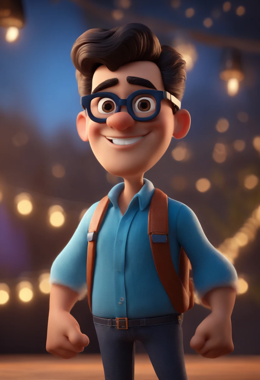 Cartoon character of a man with black glasses and a blue shirt, animation character, Caractere estilizado, animation style rendering, 3D estilizado, Arnold Maya render, 3 d render stylized, toon render keyshot, Personagem 3D, Personagem 3D, 3d rendering stylized, 3 d character render, personagem de desenho animado, Personagem de close up, Pose de personagem, (Estilo Pixar) (master part:1.2) (Bokeh) (best quality) (pele detalhada) (textura detalhada) (8k) (argila) (Cinematic lighting) (foco nítido