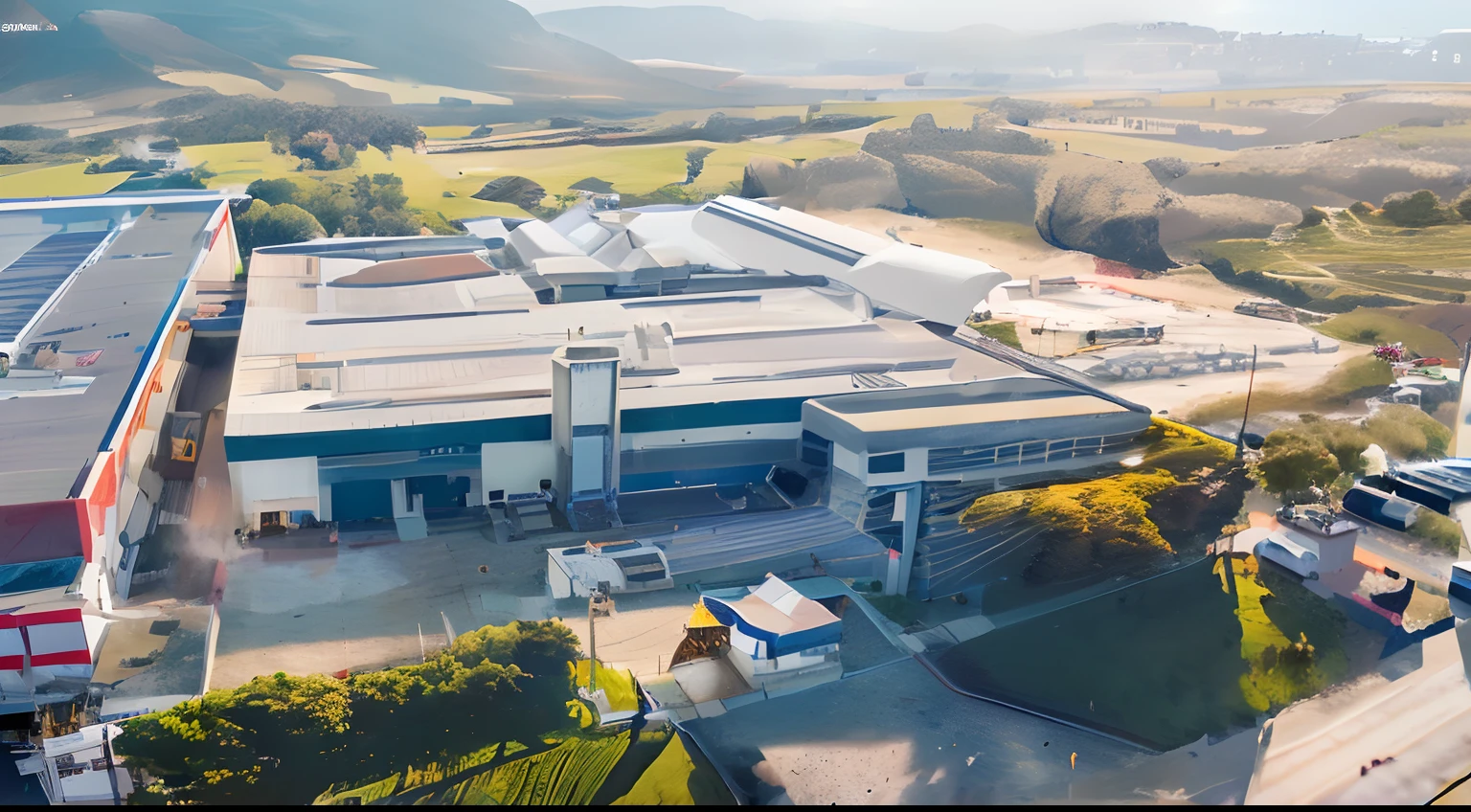 Aerial view of a factory with a big building and a bunch of cars, foto tirada de cima, Introduction Factory photo, Malika Favre, Industrial, air shot, tiro de arial, visto de cima, Vista Ariel, sao paulo, factory, factories, exploitable image, Mountain Valley to Factory, tiro exterior, Topo - Vista, vista acima, B - Rolo