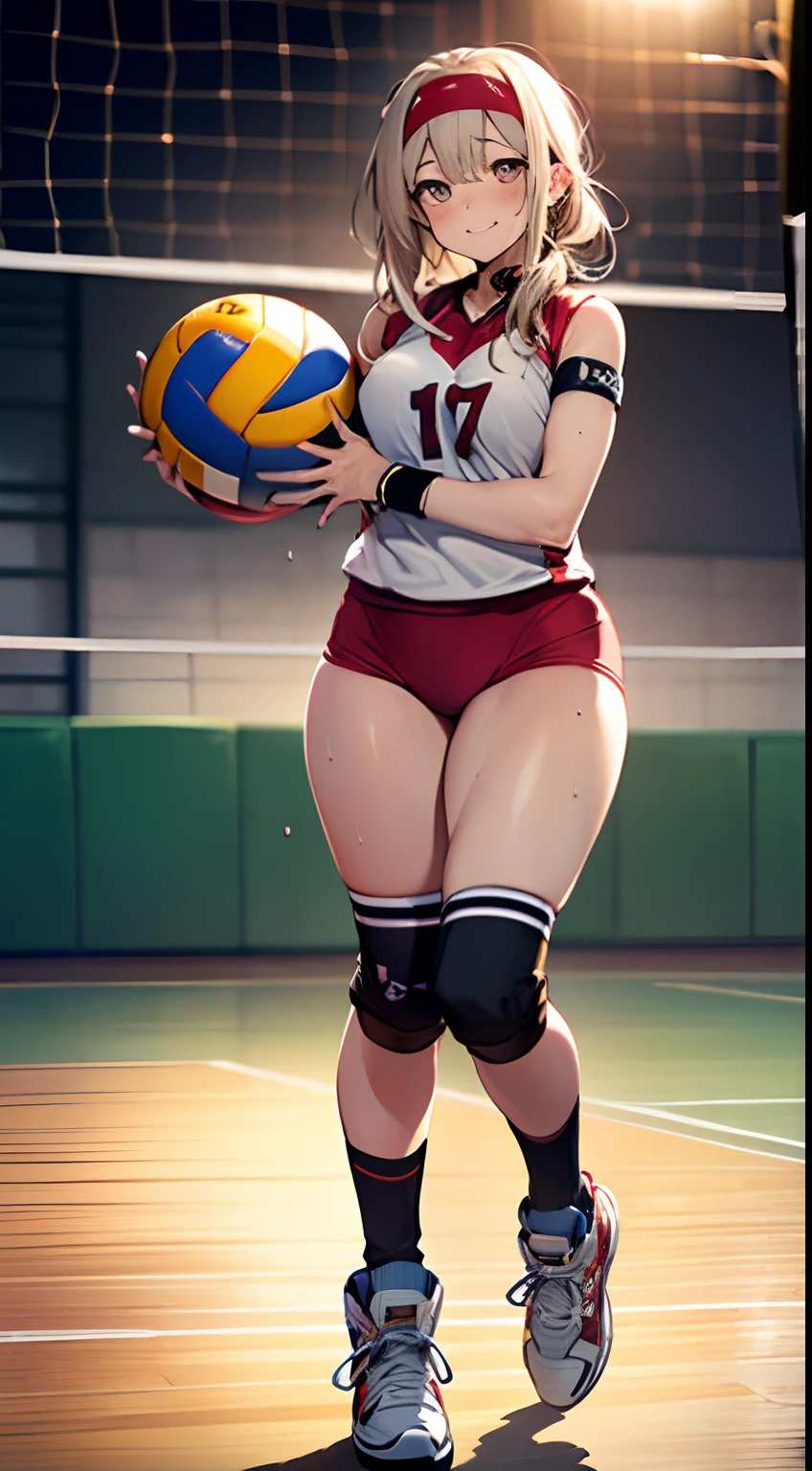 UHD, anatomically correct, 8k, (((masterpiece))), (((best quality))), (((ultra detailed))), (((high-resolution))), ((super fine illustration)), ((Ultimate cutie)), detailed beautiful face, solo, one girl, , (potbelly), (curvy), medium breasts, ((Thick thighs)), shiny hair, evil smile, evil grin, (blush), BREAK, (((buruma))), (sleeveless volleyball uniform), headband, ((wrist bands)), ((kneepads)), BREAK, ((hold the Beautiful spherical shape 6-inch volleyball with both hands)), stylish pose, ((sweat)), (perspired), (heavy breathing), sense of depth, in volleyball court, in gymnasium, lighting, from below, looking at viewers,
