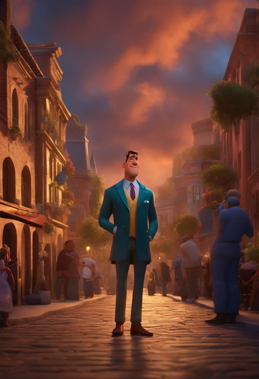 A city councilman looking at a dream project inspired by Pixar animation, de perto. The character takes center stage with captivating facial expressions, oferecendo um toque de irrealidade