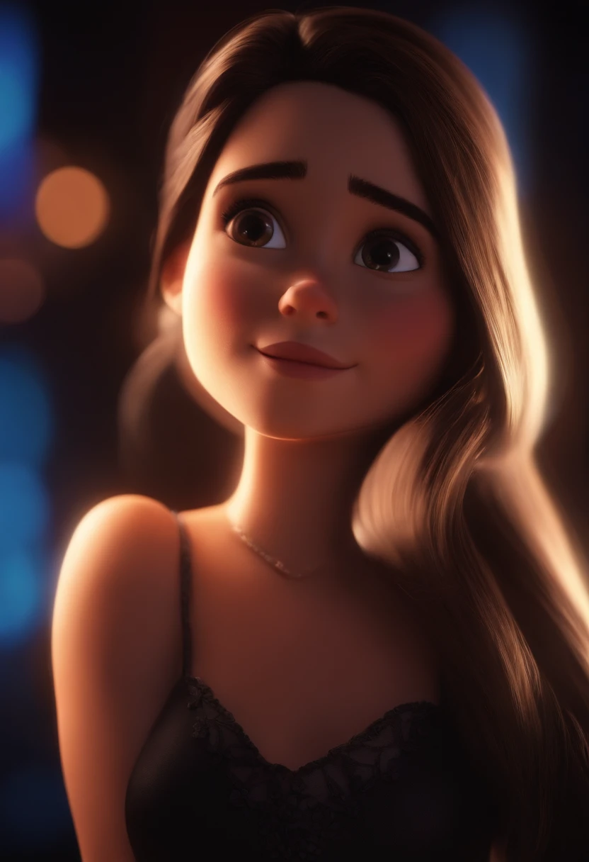 Imagem estilo Pixar com 3D personagem, Straight hair on black shoulders dancing, Maquiagem Disney, sorridente ,Close-up, Pixar, Disney, Cinema lighting,