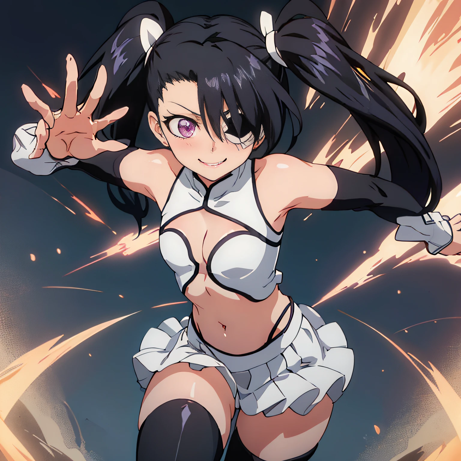 outdoor,desert,high quality,Masterpeace,Loly_Aivirrne, 1girl, solo, long hair, white miniskirt, black hair, black thigh boots, navel, twintails, flat chest, pleated skirt, zettai ryouiki, eyepatch, center opening, midriff, cleavage, clothing cutout, purple eyes, LIPS, PERFECT FACE, BLUSH, SEDUCTIVE SMILE, PERFECT EYES, back viewer, ass